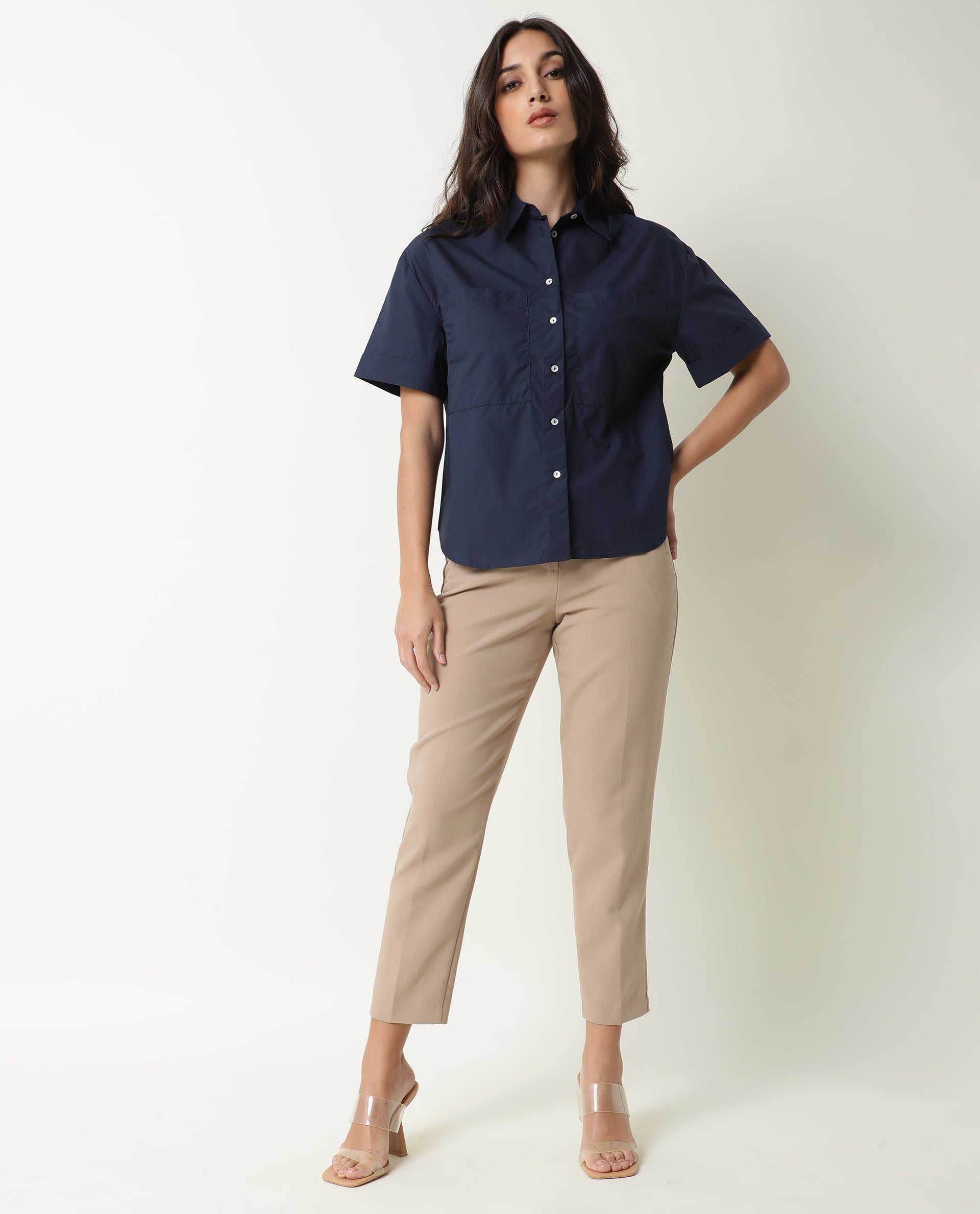 Rareism Women Vesh Navy Cotton Fabric Regular Fit Shirt Collar Half Sleeves Solid Top