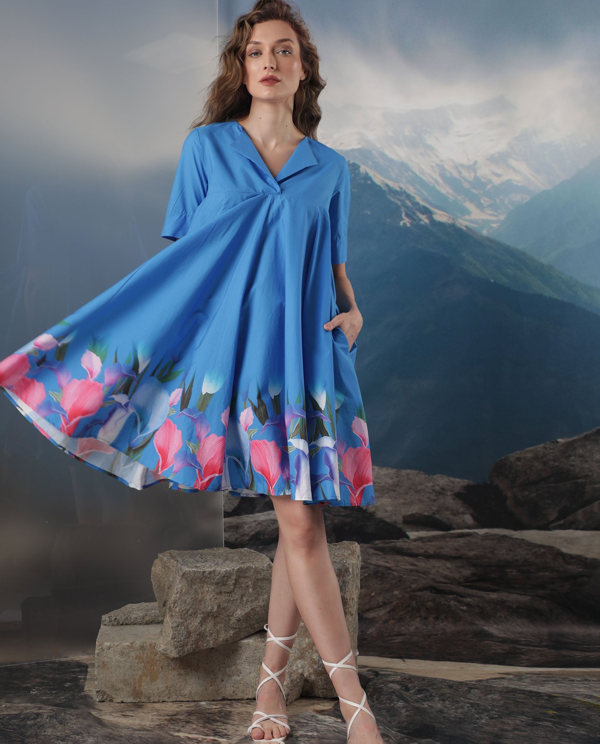 Rareism Women Xender Blue Floral Print Overlap Lapel Collar Half Sleeves With Pockets Flared Mini Dress