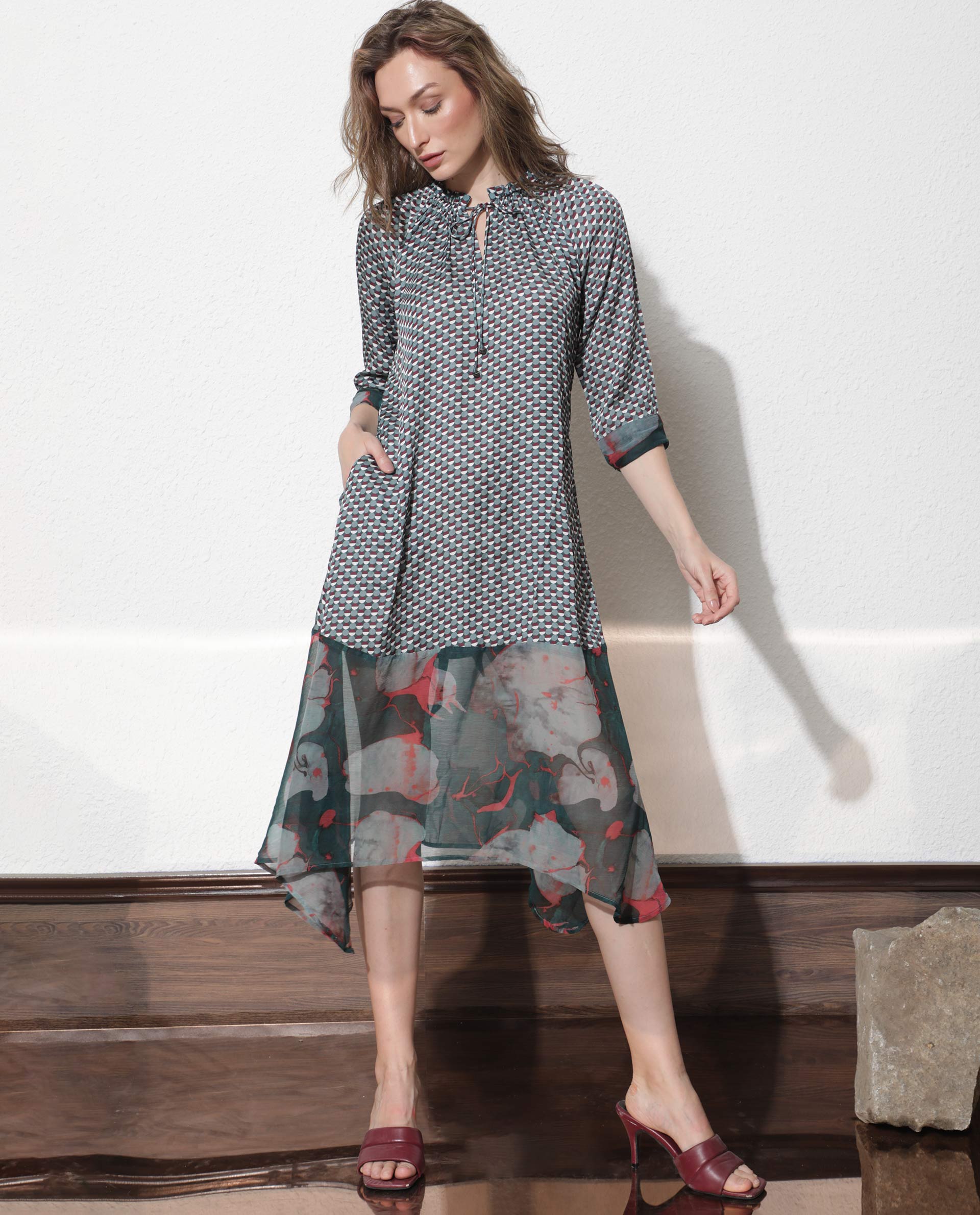 Rareism Women Nadia Multi Shirt Collar Half Sleeves Front Button Placket And Tie Up Midi Dress