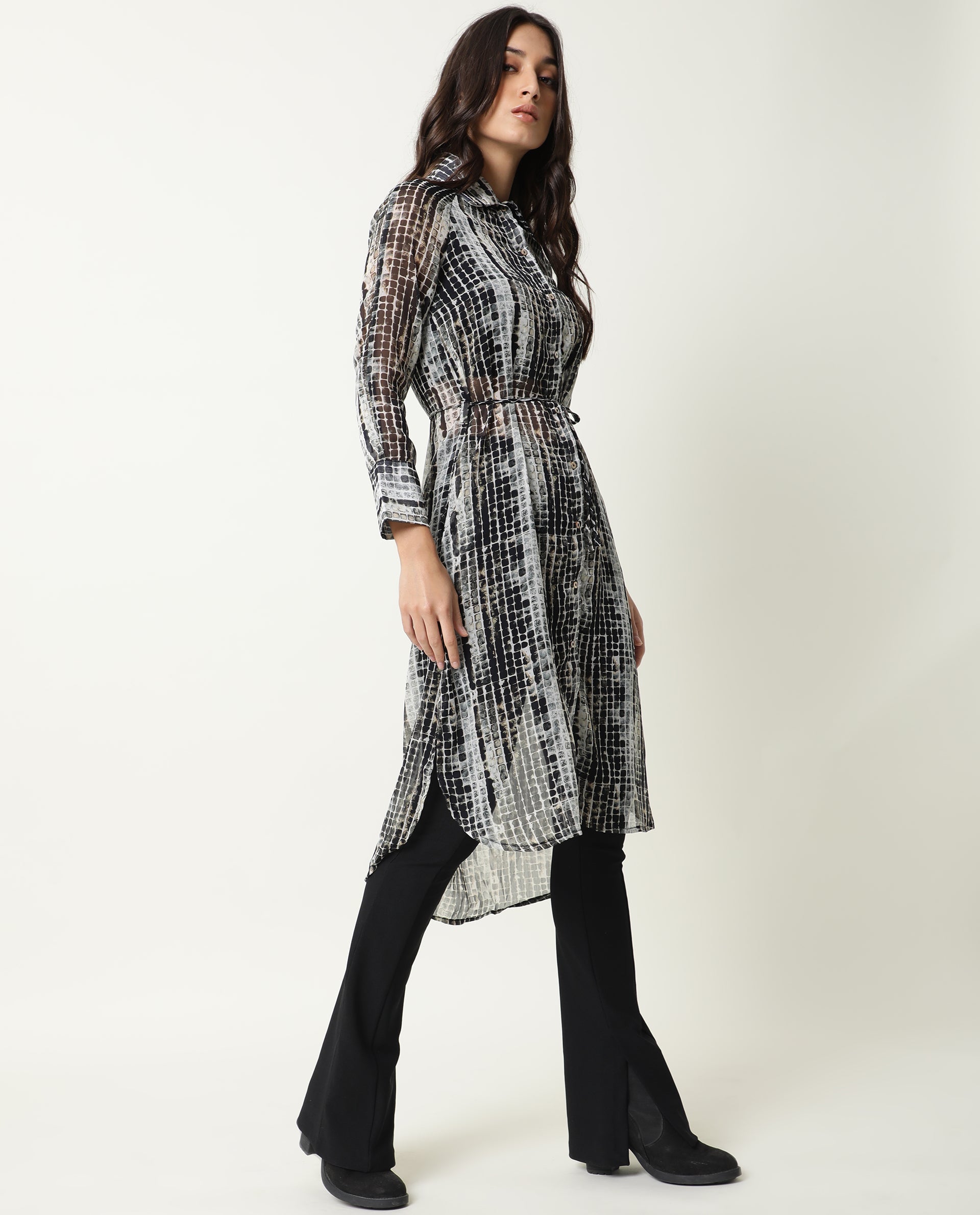 Rareism Women Ito Black Abstract Print Shirt Collar Full Sleeve Front Button Closure Placket Waist Tie Up Pocket Midi Dress