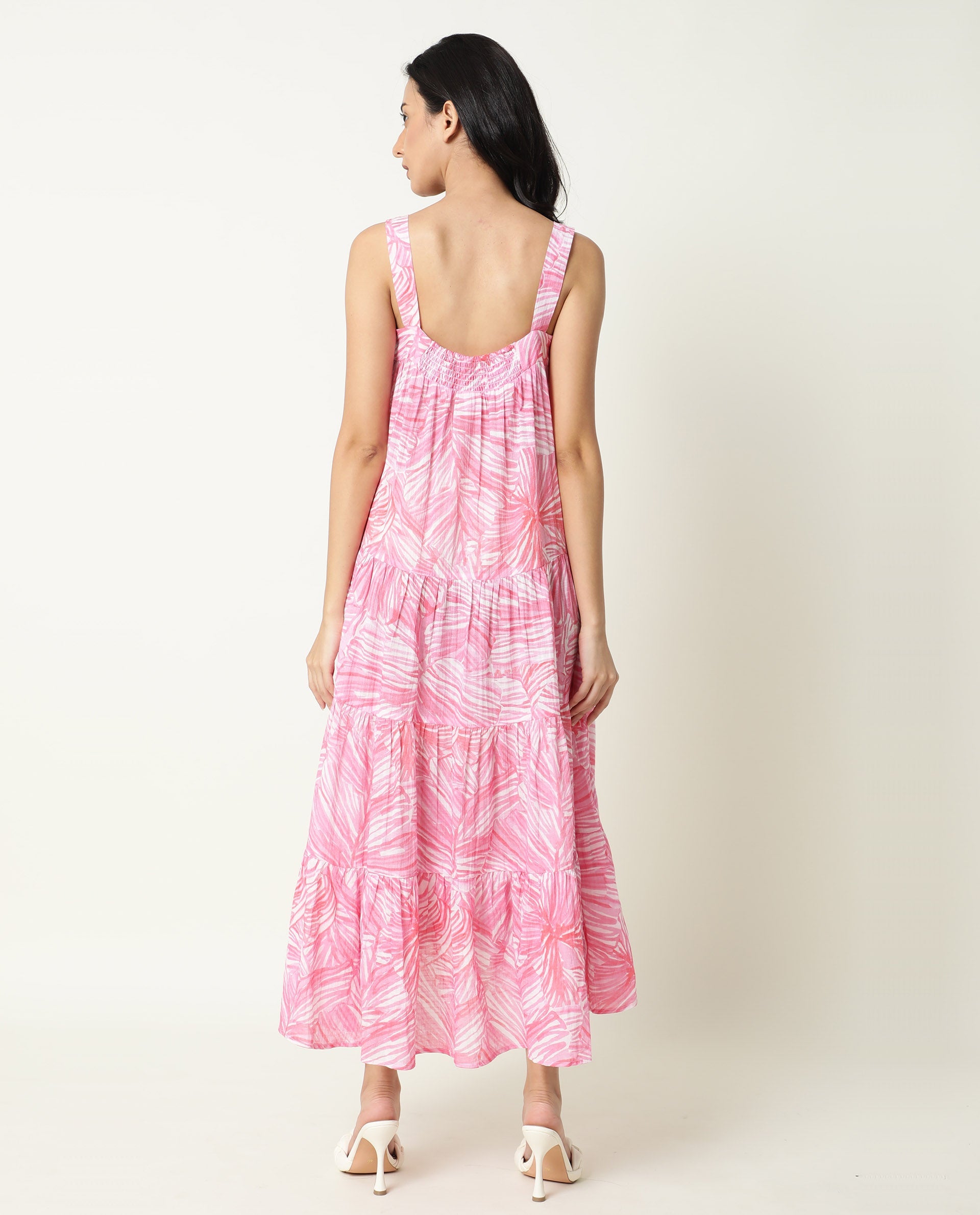 Rareism Women Toddle Pink Abstract Print Square Neck With Gathers With Broad Shoulder Straps And Pockets Midi Dress