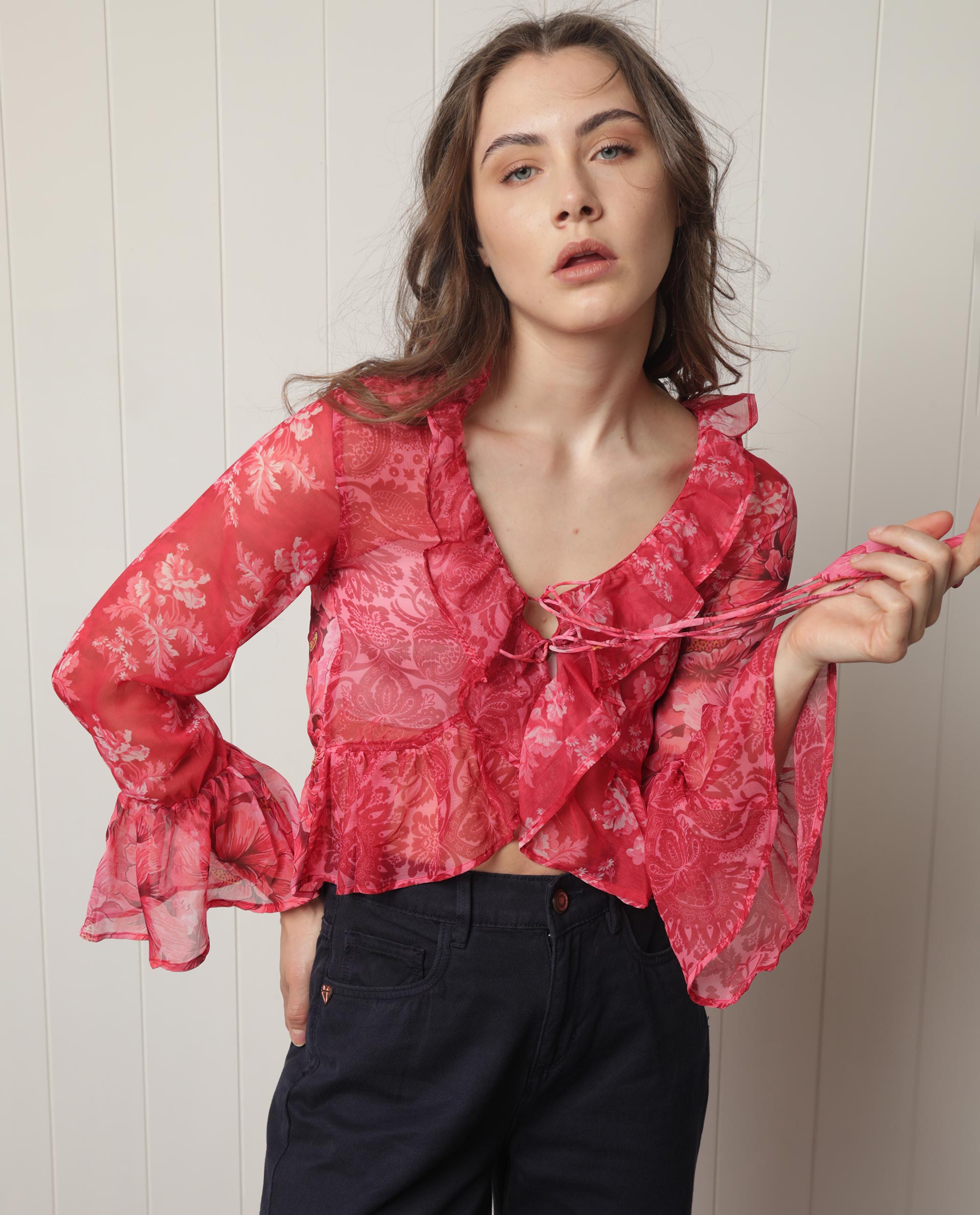 Rareism Women Myloh Maroon Polyester Fabric Full Sleeves Drawstring Closure V-Neck Bell Sleeve Regular Fit Floral Print Cropped Shrug