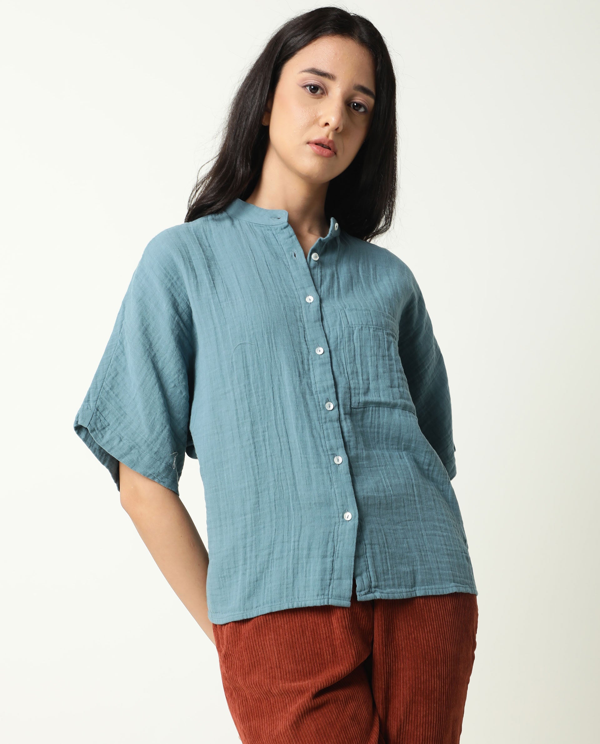 Rareism Womens Imro Green Top Cotton Fabric Regular Fit Regular Sleeves Mandarin Neck