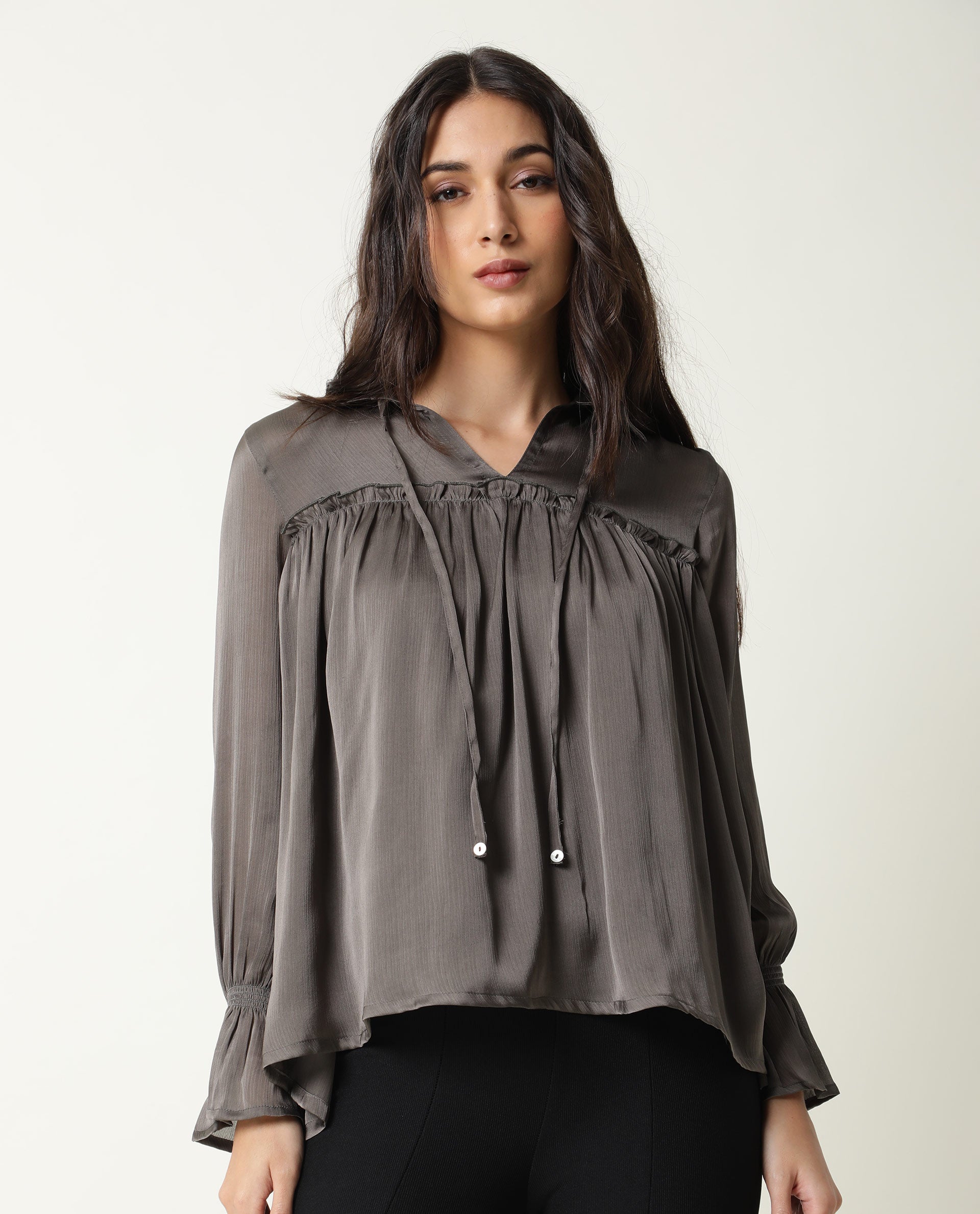 Rareism Womens Poetess Grey Top Polyester Fabric Full Sleeve Key Hole Neck