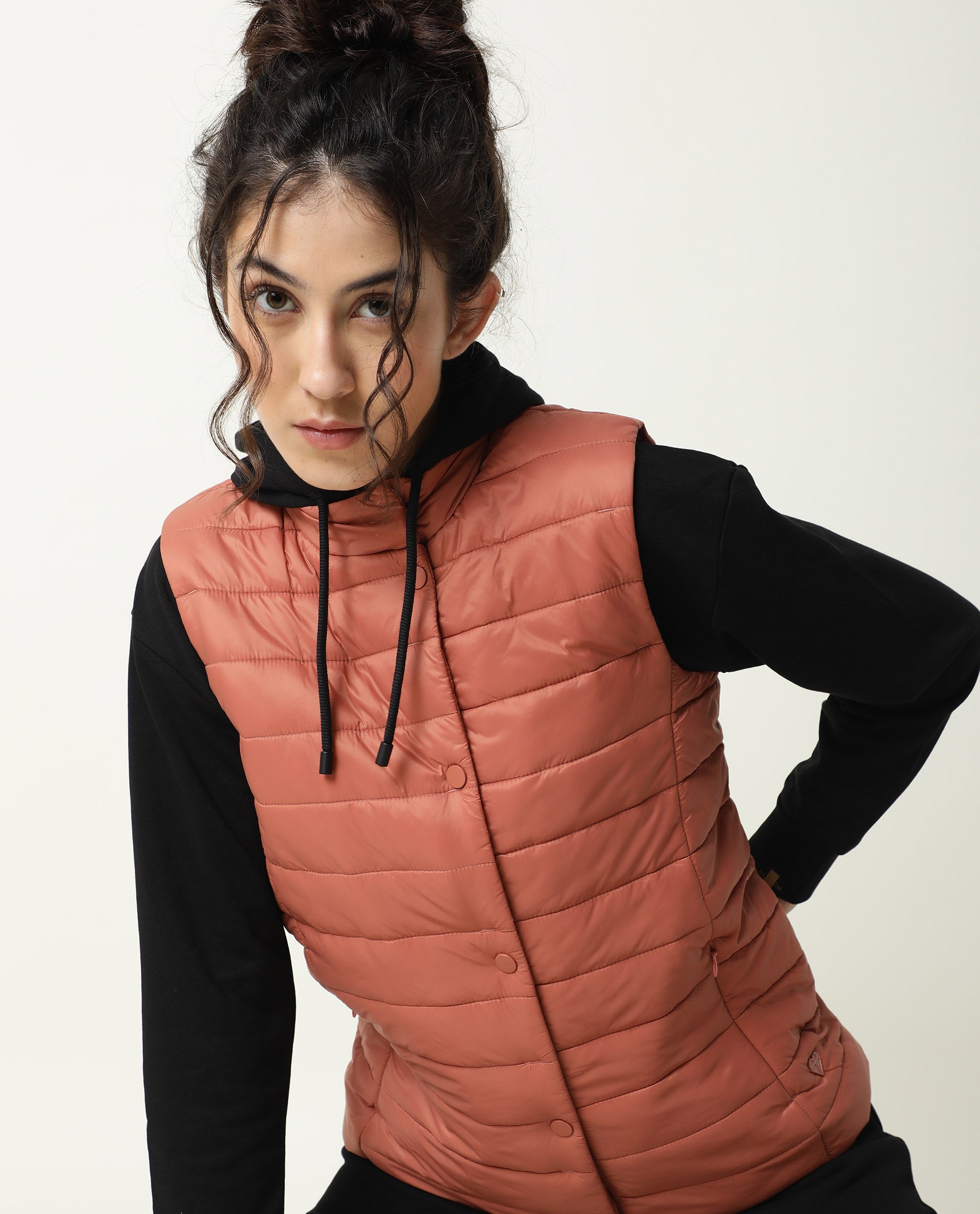 Rareism Women Trunk Dark Rust Sleeveless Solid Hooded Jacket