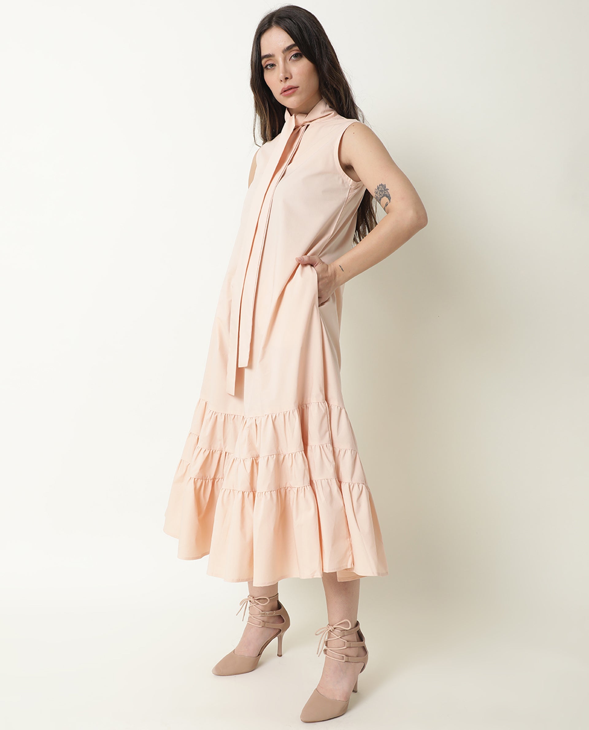 Rareism Women Gino Light Peach Tie Up Neck Sleeveless With Ruffled Hem And Pockets Maxi Dress