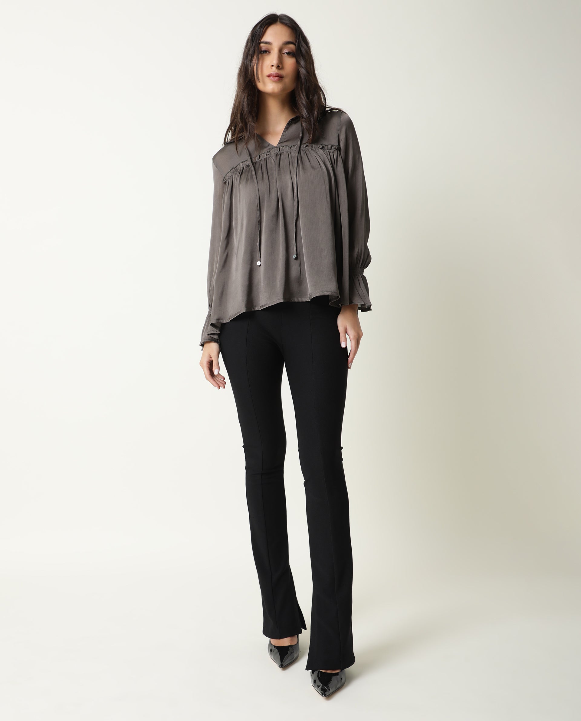 Rareism Womens Poetess Grey Top Polyester Fabric Full Sleeve Key Hole Neck