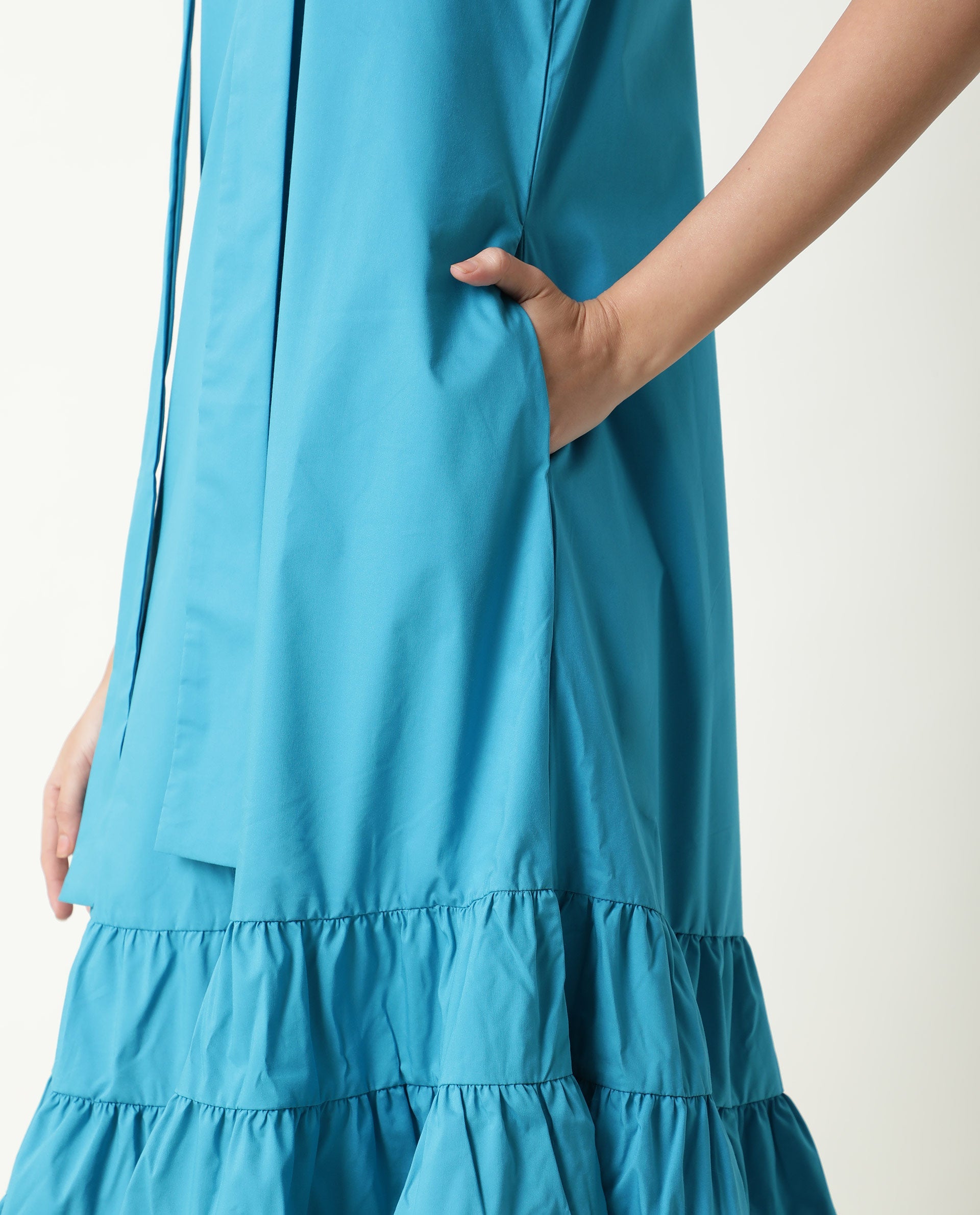 Rareism Women Gino Blue Tie Up Neck Sleeveless With Ruffled Hem And Pockets Maxi Dress