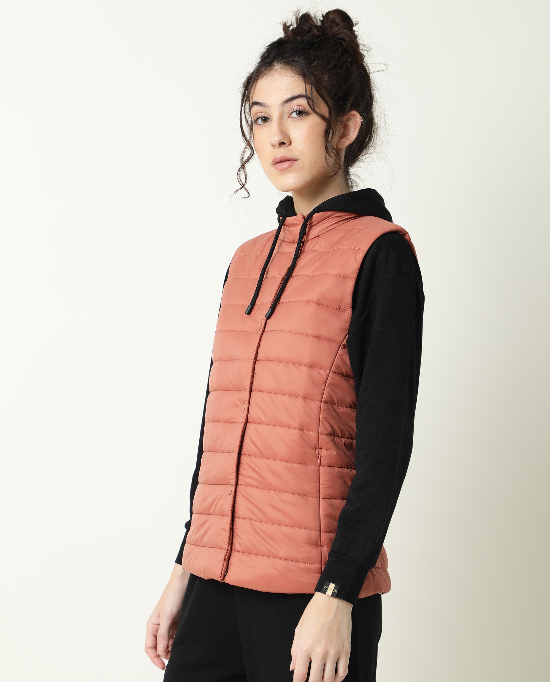 Rareism Women Trunk Dark Rust Sleeveless Solid Hooded Jacket