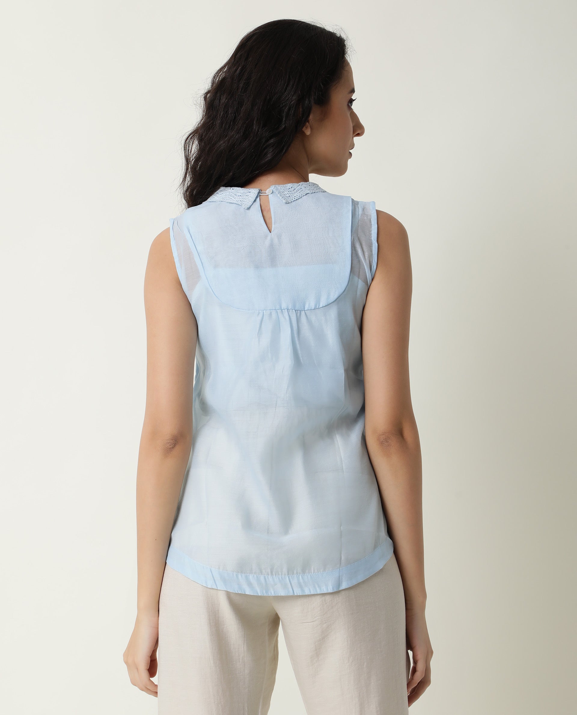 Rareism Women Leisure Blue Cotton Fabric Regular Fit V-Neck Sleeveless Solid Top