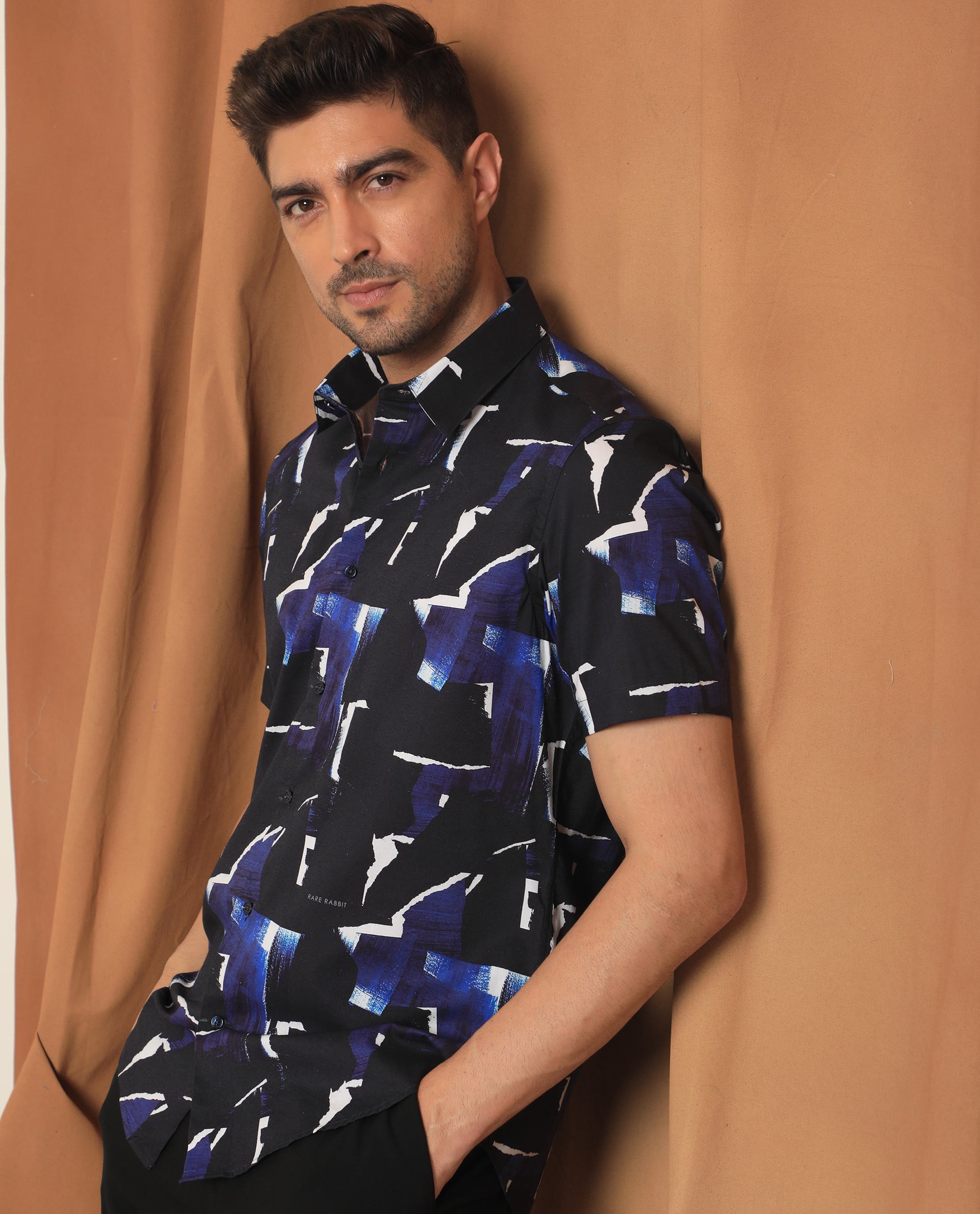 Rare Rabbit Men's Canva Blue Viscose Fabric Geometric Print Half Sleeves Shirt