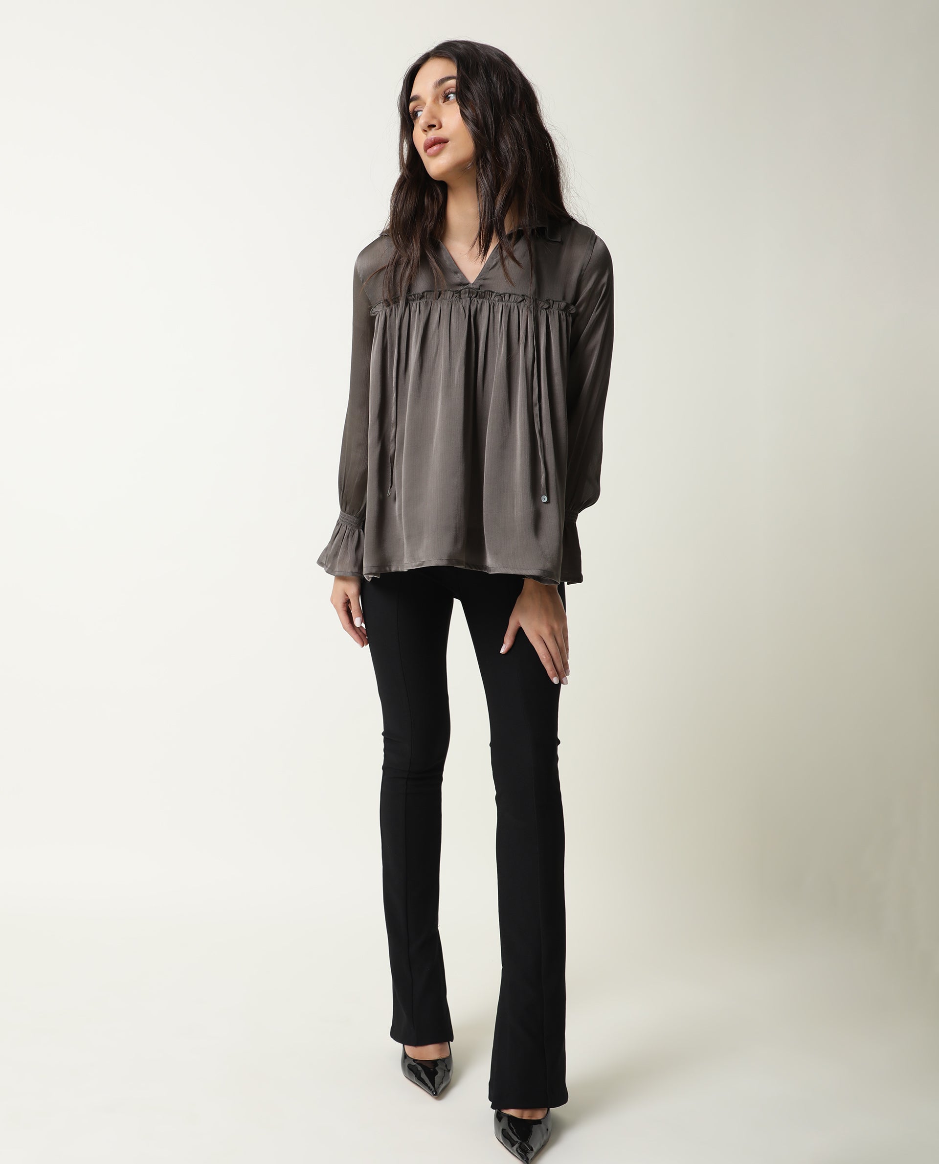 Rareism Womens Poetess Grey Top Polyester Fabric Full Sleeve Key Hole Neck