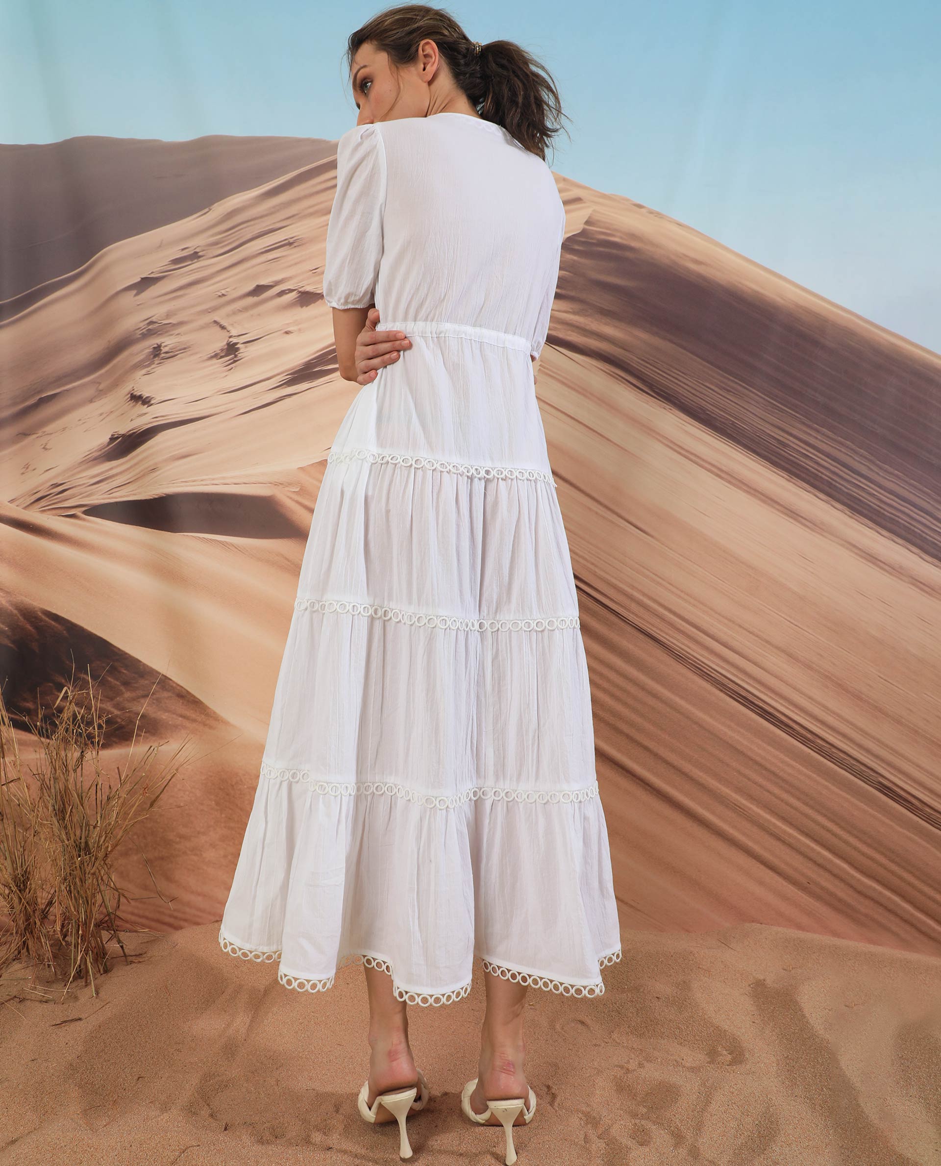 Rareism Women Rivoli White V Neck Balloon Sleeves With Elastic Waist And Pockets Tiered Maxi Dress