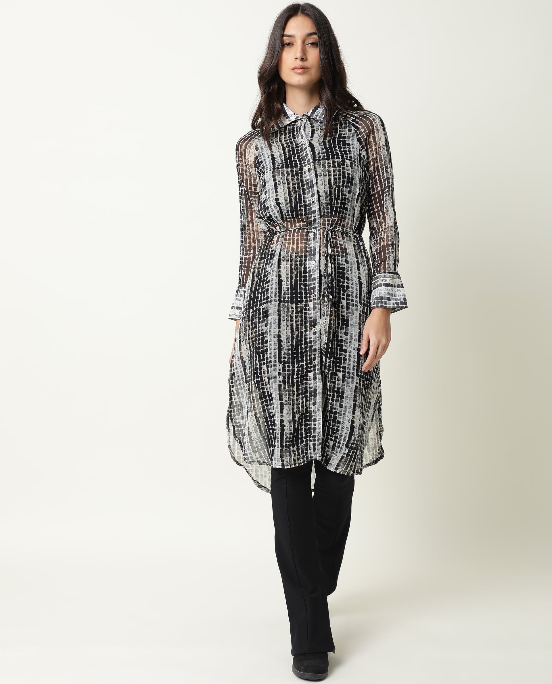 Rareism Women Ito Black Abstract Print Shirt Collar Full Sleeve Front Button Closure Placket Waist Tie Up Pocket Midi Dress