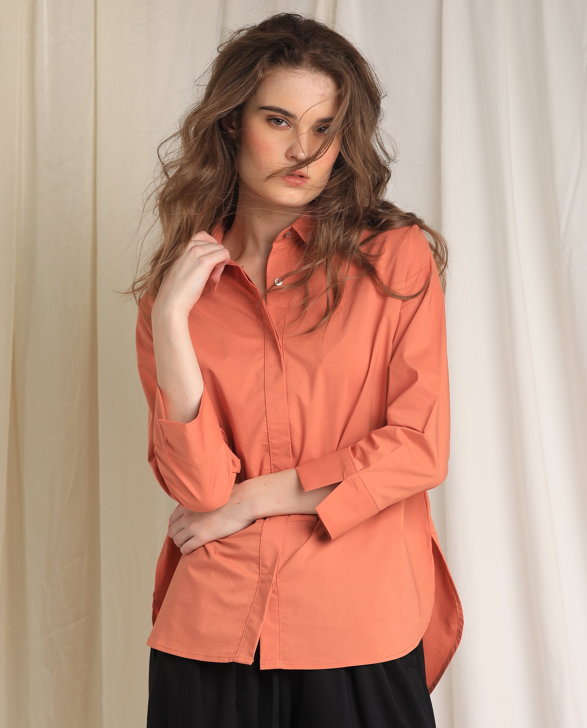 Rareism Womens Eleven Peach Top Polyester Fabric Regular Fit 3/4 Sleeve Collared Neck