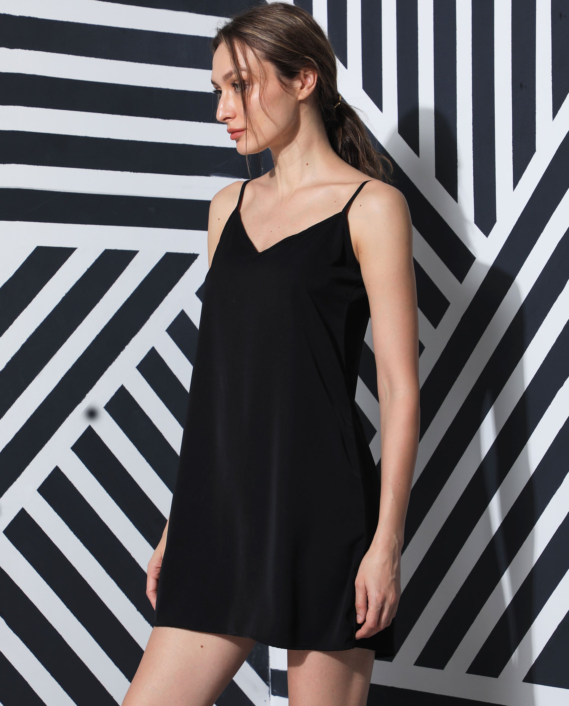 Rareism Women Slipos Black Sleeveless Solid Knee Length Inner Wear