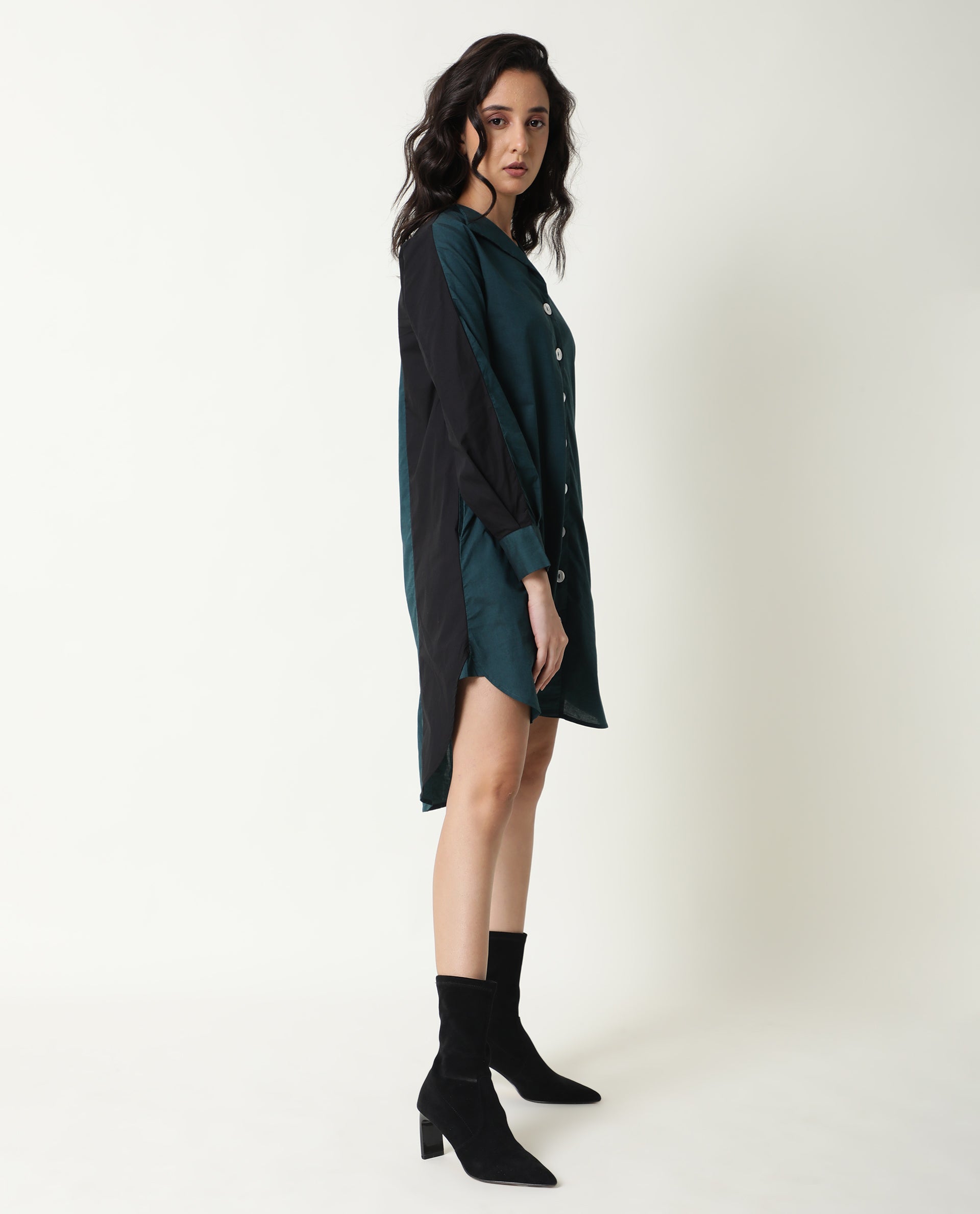 Rareism Women Tally Petrol Overlap Lapel Collar Full Sleeves Front Button Placket Pocket Asymmetrical Knee Length Dress