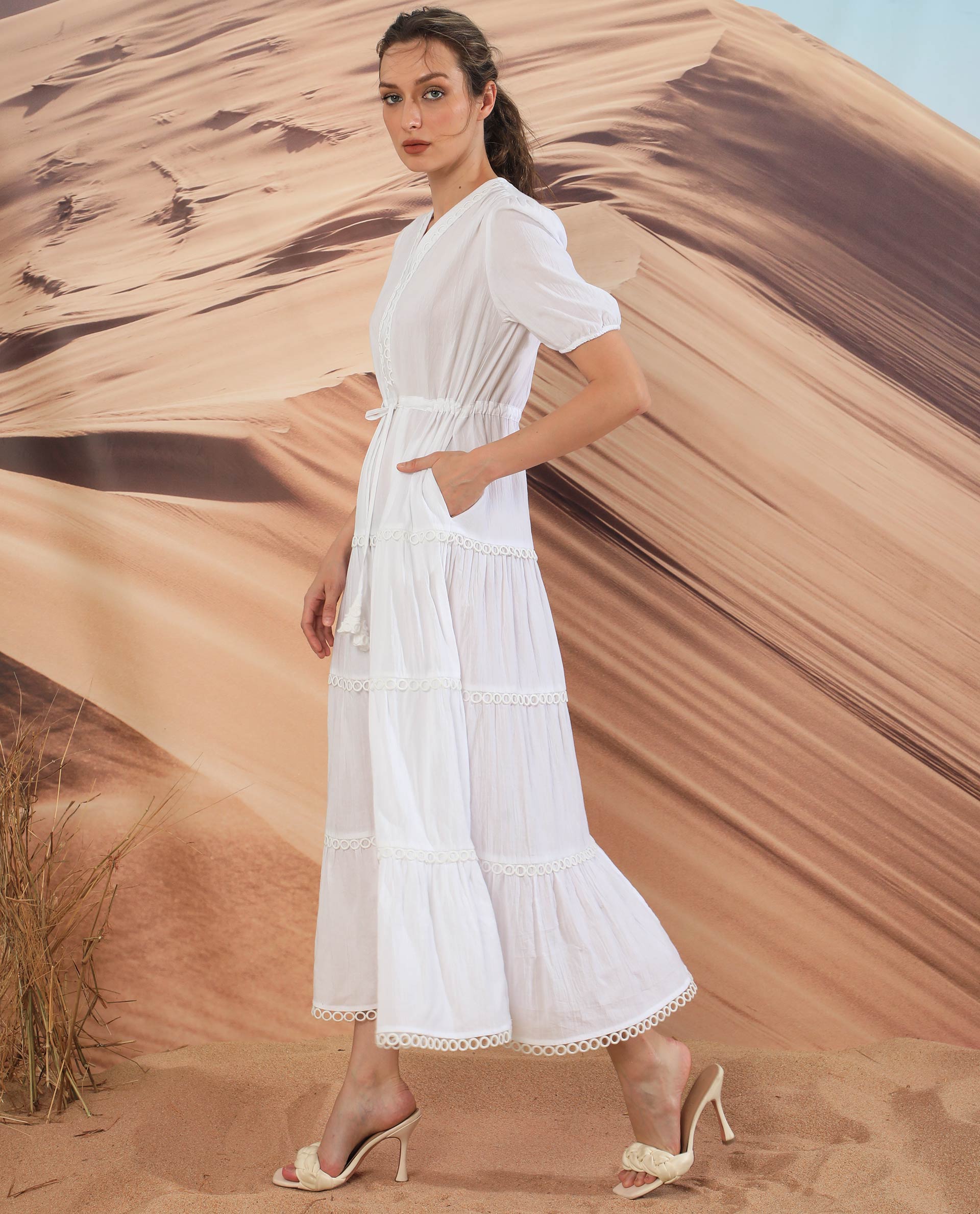 Rareism Women Rivoli White V Neck Balloon Sleeves With Elastic Waist And Pockets Tiered Maxi Dress