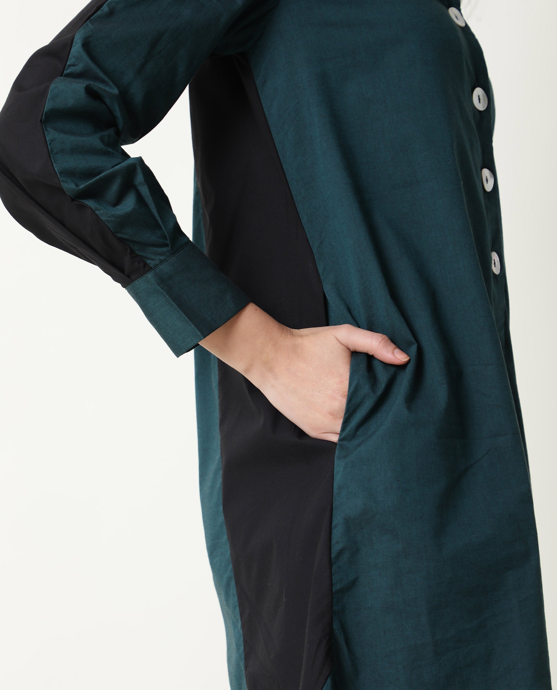 Rareism Women Tally Petrol Overlap Lapel Collar Full Sleeves Front Button Placket Pocket Asymmetrical Knee Length Dress