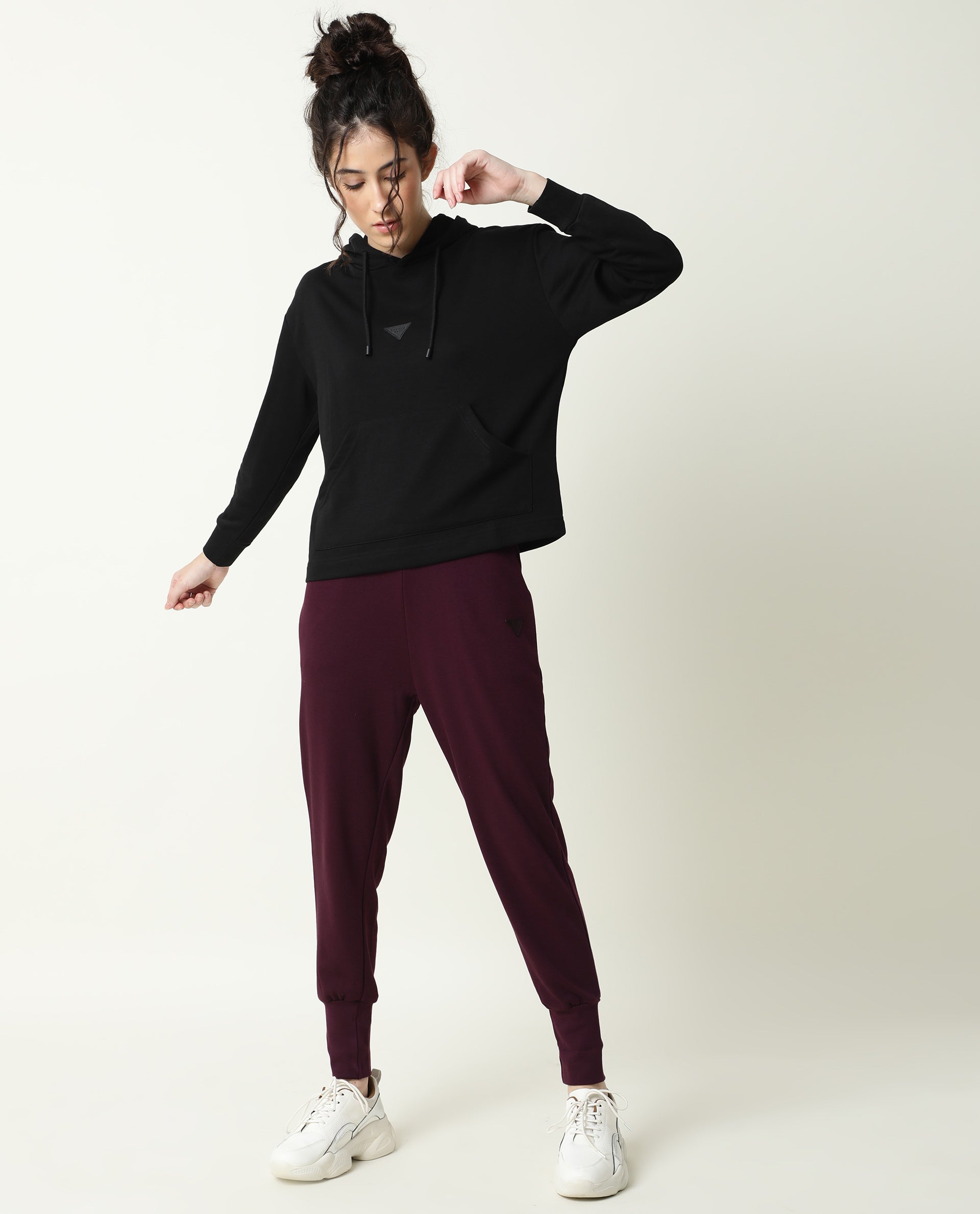 Rareism Women Wally-1 Black Cotton Poly Fabric Relaxed Fit Full Sleeves Solid Hooded Sweatshirt