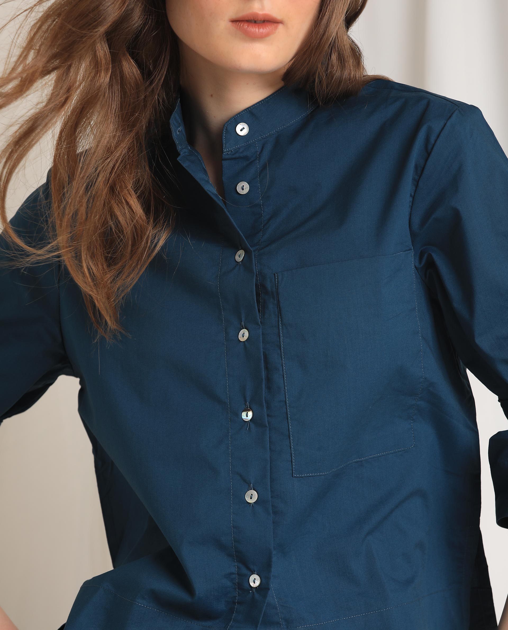 Rareism Womens Sendai Petrol Top Poly Lycra Fabric Regular Fit Half Sleeve Collared Neck