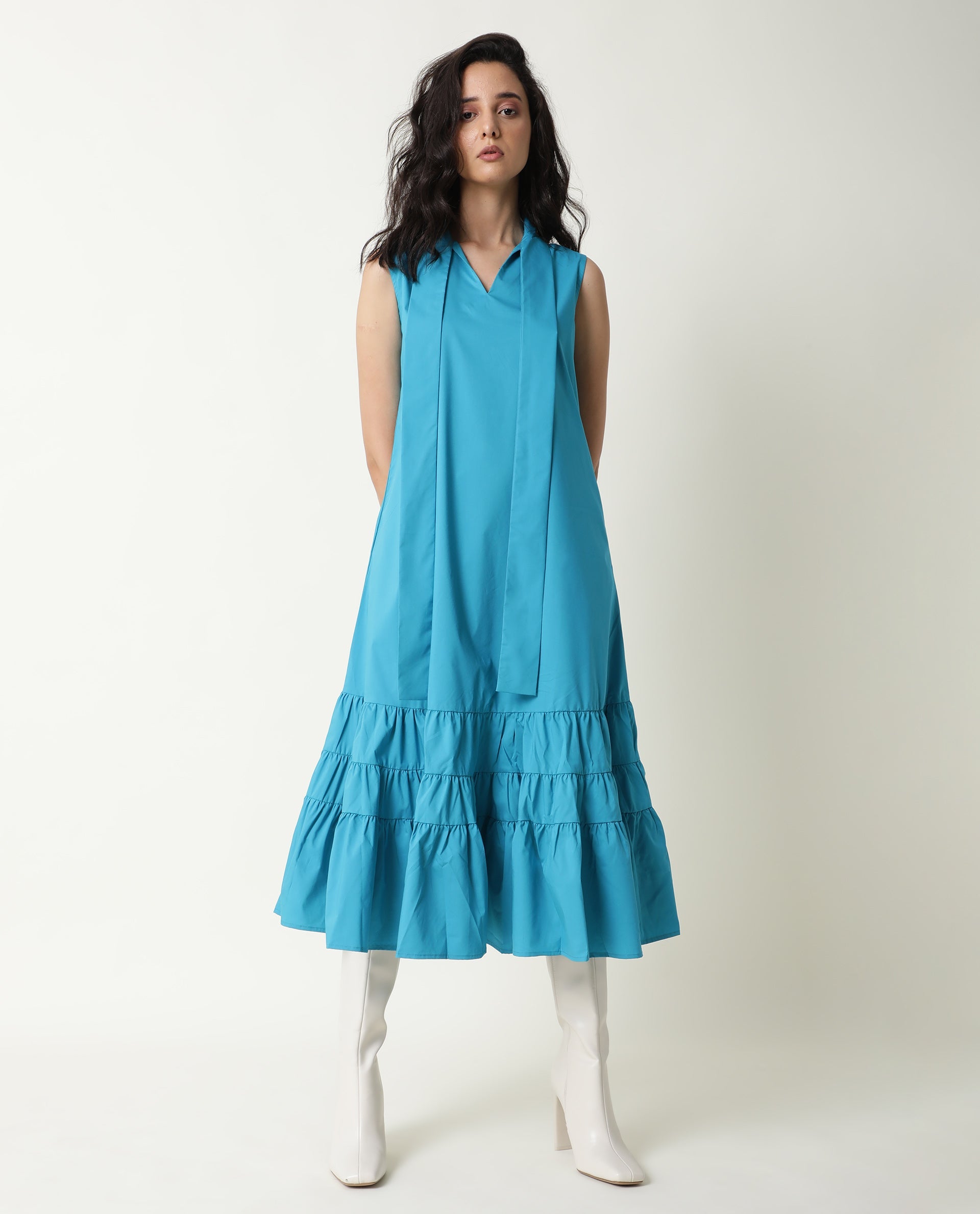 Rareism Women Gino Blue Tie Up Neck Sleeveless With Ruffled Hem And Pockets Maxi Dress