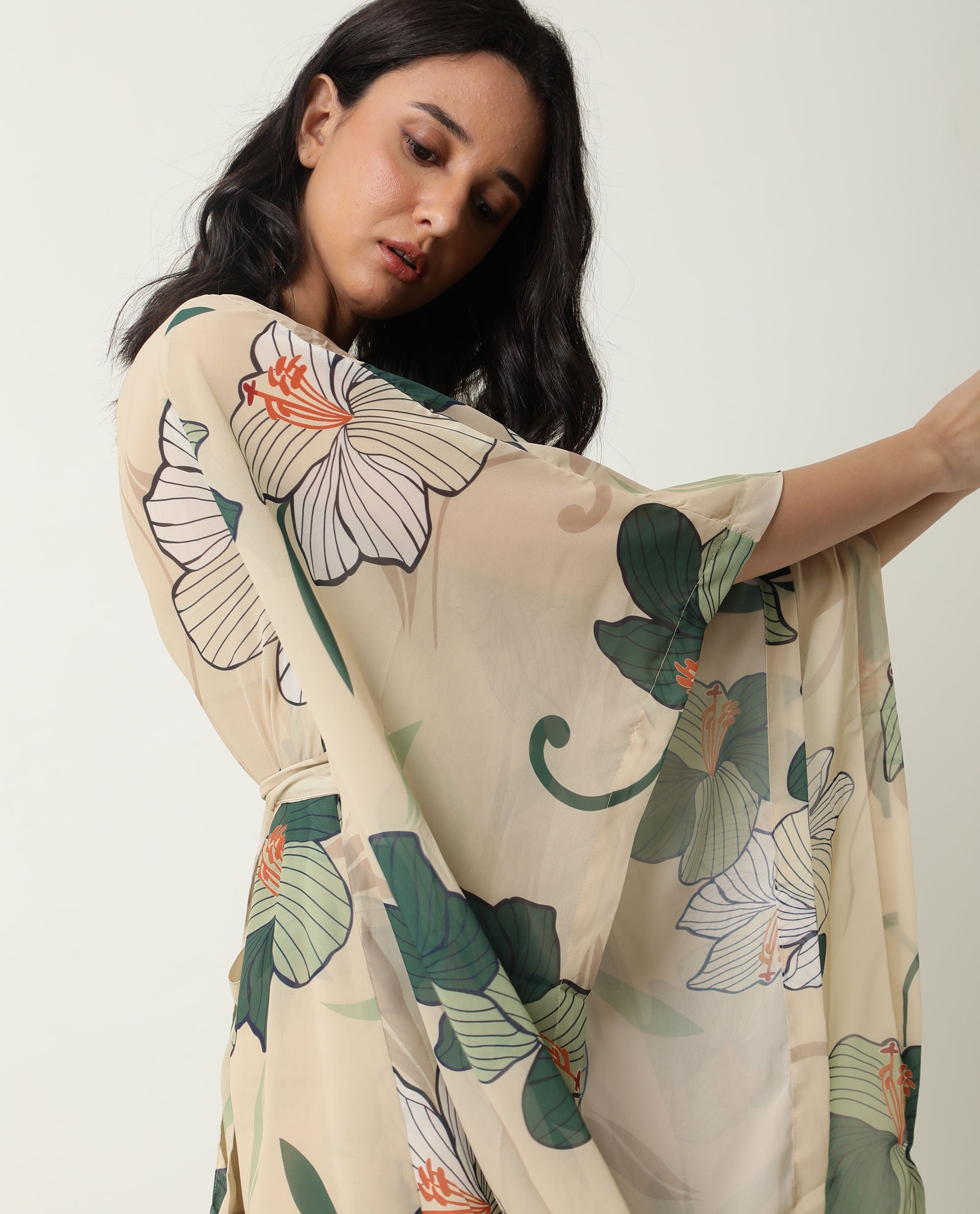 Rareism Women Steevi Off-White Abstract Print Boat Neck Flared Sleeves Mini Dress