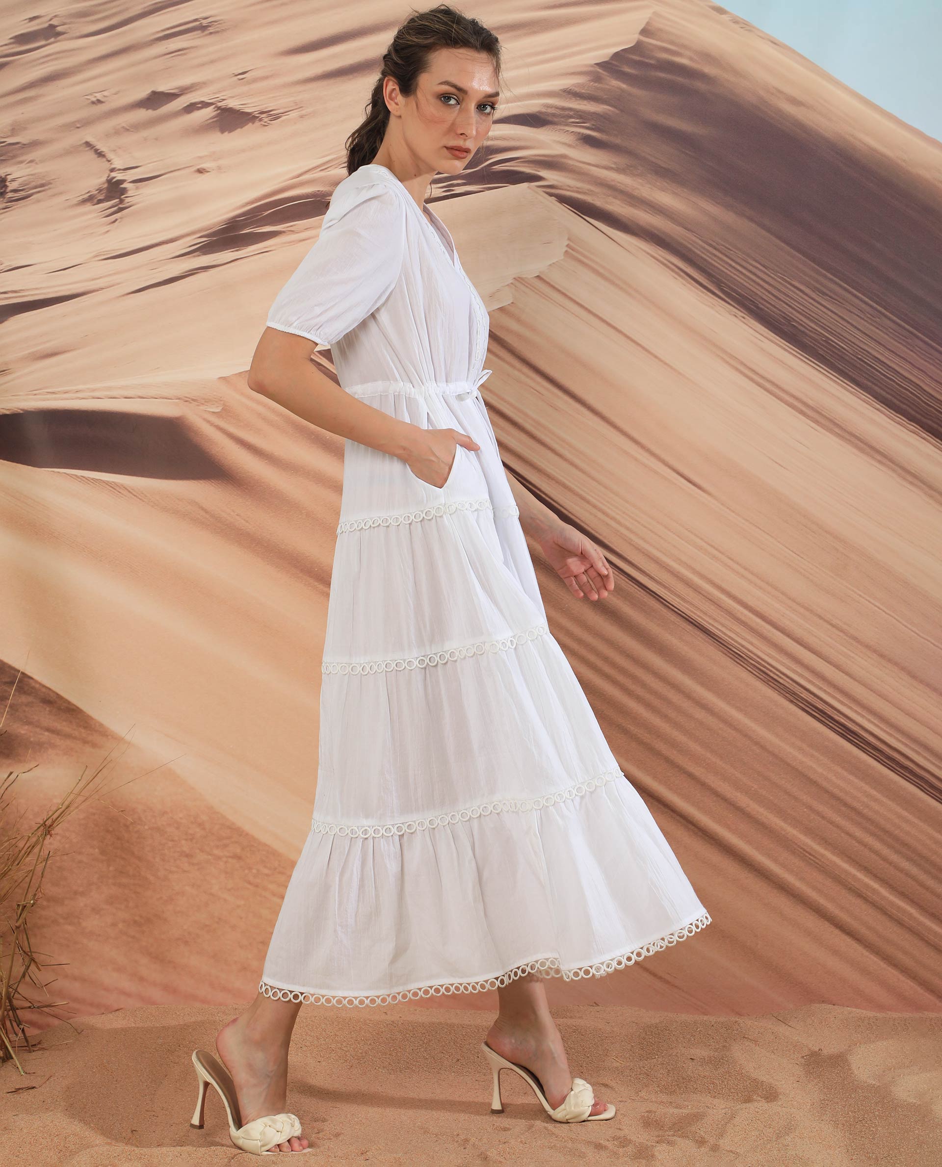 Rareism Women Rivoli White V Neck Balloon Sleeves With Elastic Waist And Pockets Tiered Maxi Dress
