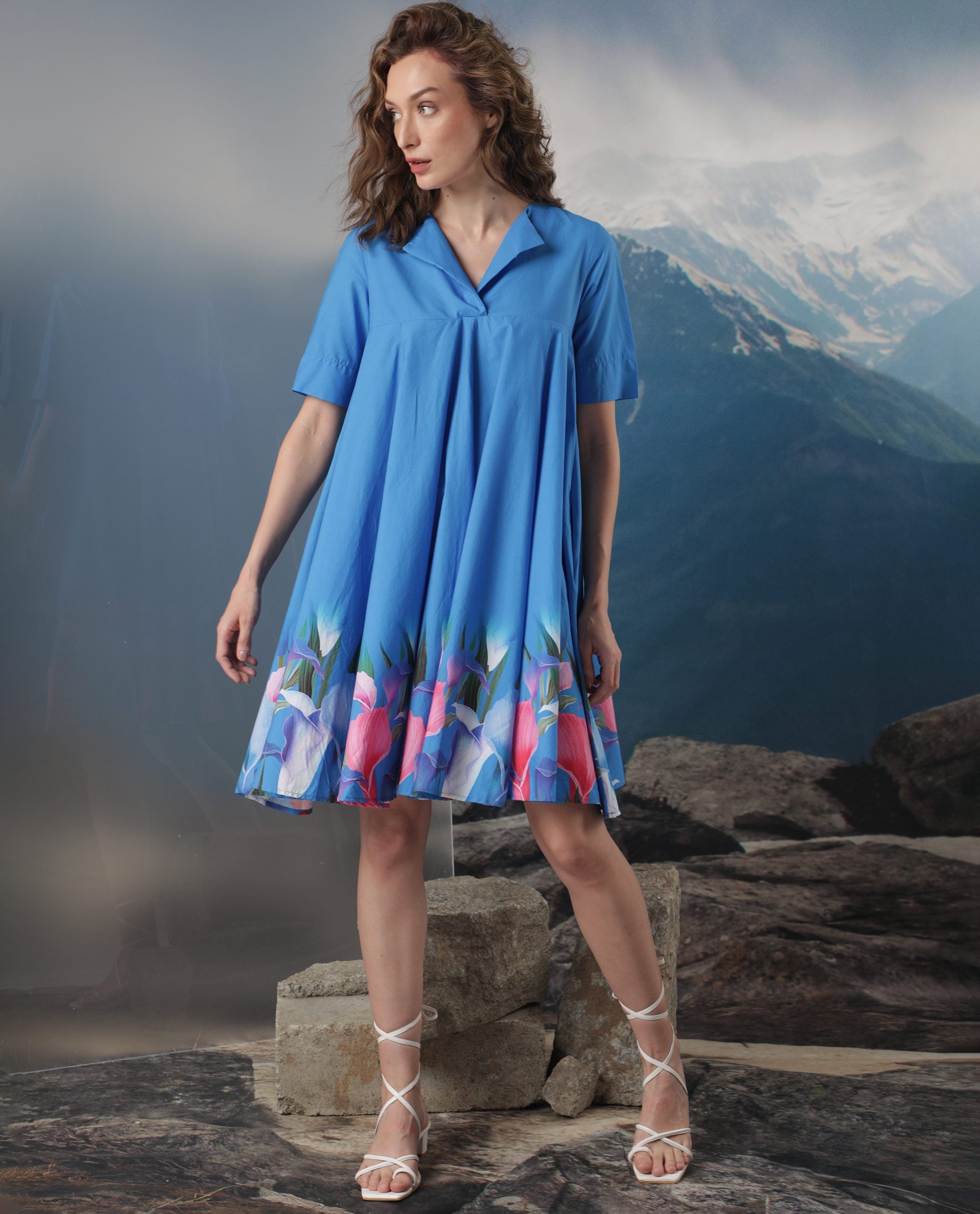 Rareism Women Xender Blue Floral Print Overlap Lapel Collar Half Sleeves With Pockets Flared Mini Dress