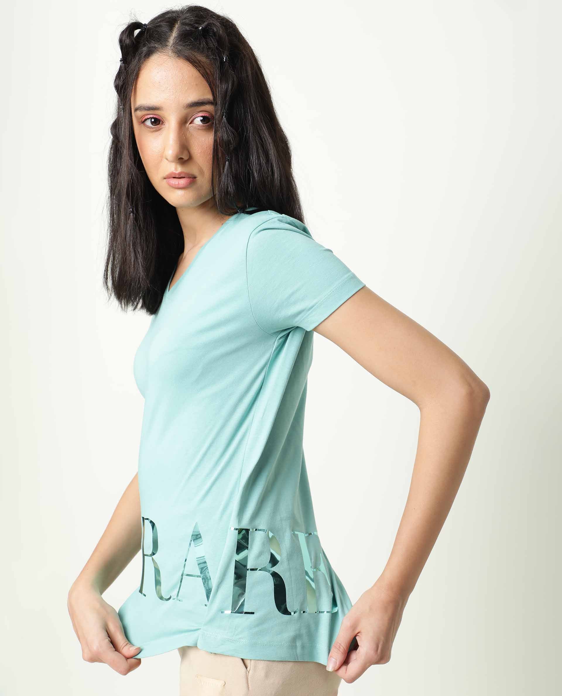 Rareism Women Donovan Green Cotton Fabric Regular Fit Half Sleeves Graphic Print Crew Neck T-Shirt