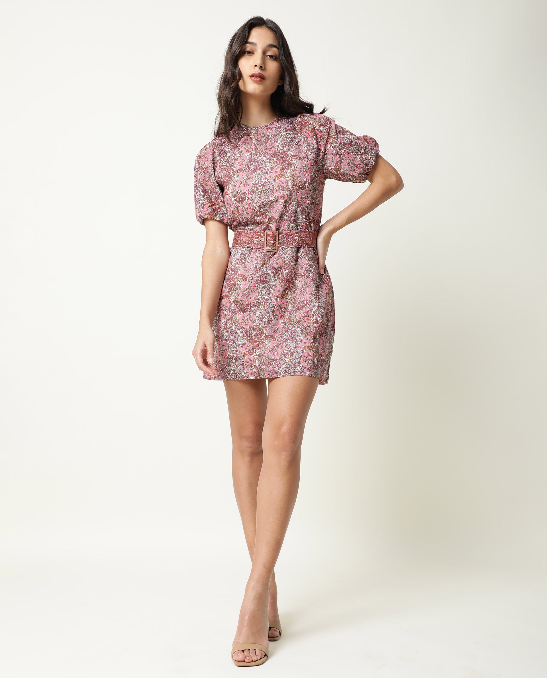 Rareism Women Palesa Pink Paisley Print Closed Round Neck Raglan Puff Sleeves Fabric Waist Belt Mini Dress