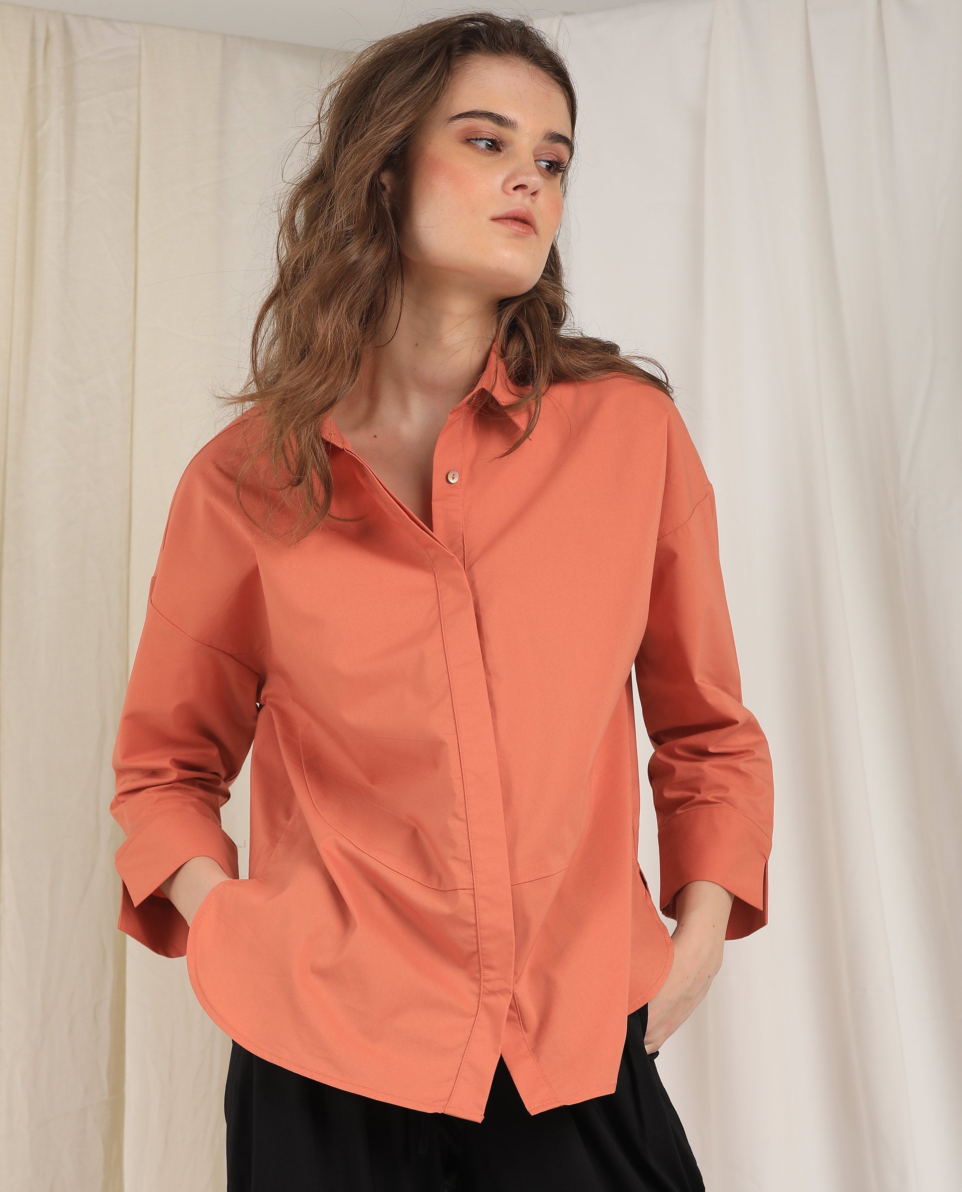 Rareism Womens Eleven Peach Top Polyester Fabric Regular Fit 3/4 Sleeve Collared Neck