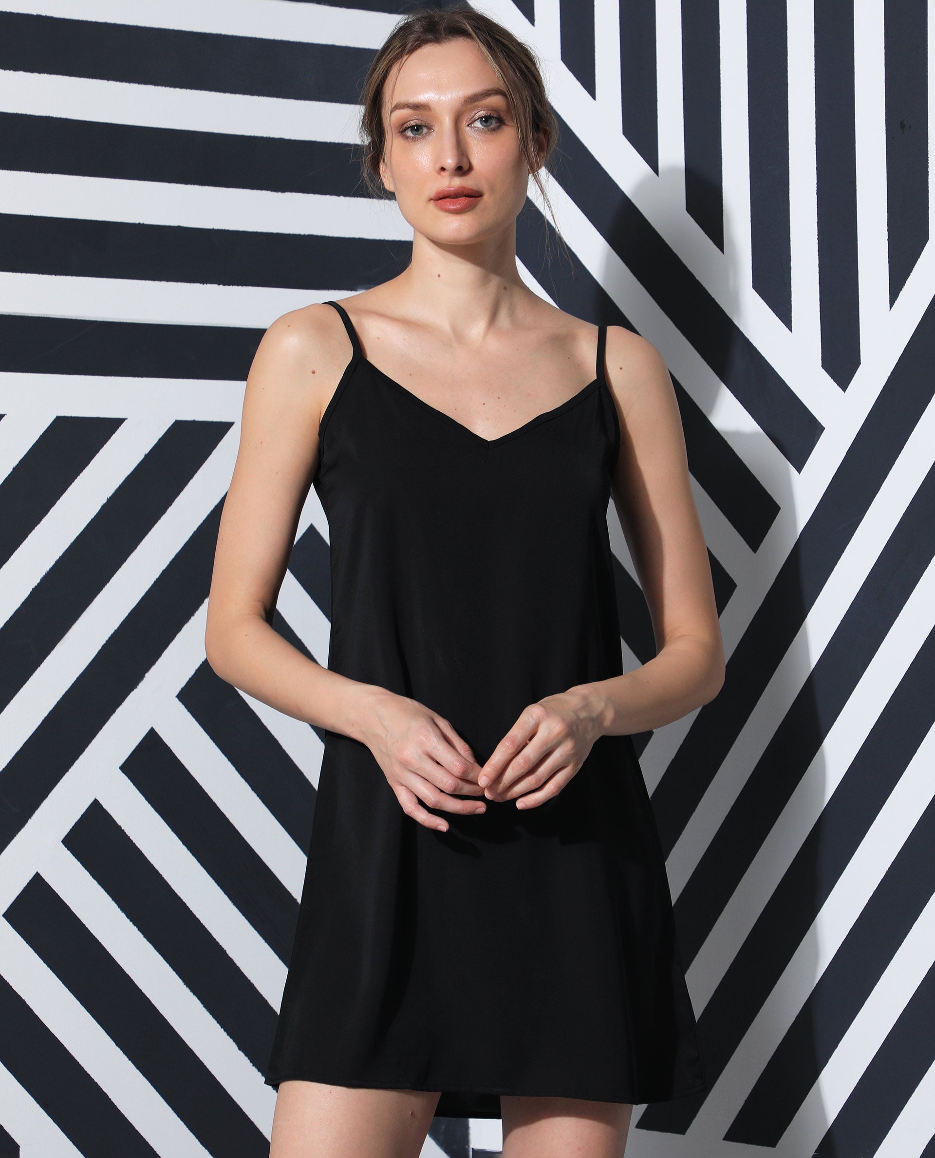 Rareism Women Slipos Black Sleeveless Solid Knee Length Inner Wear