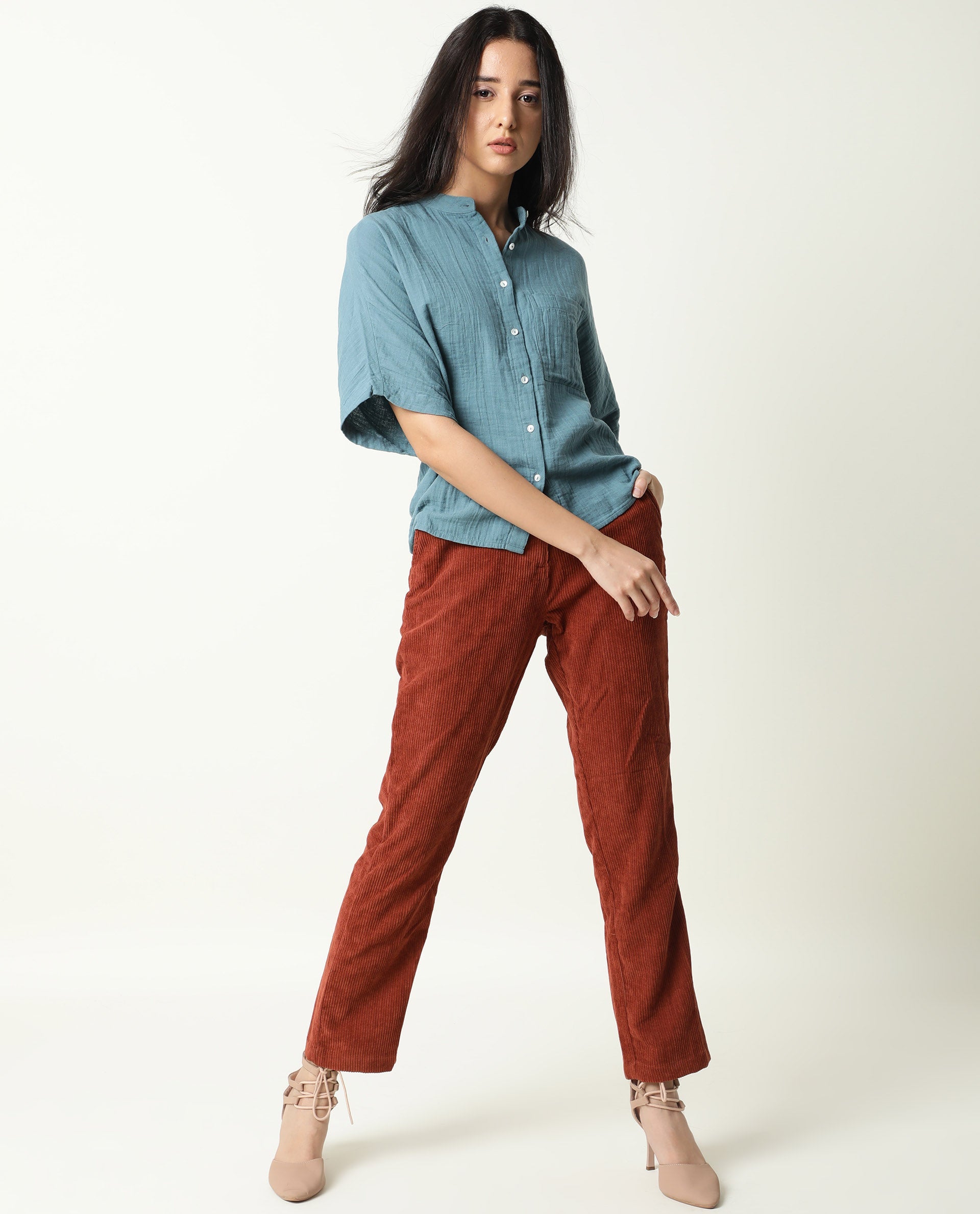 Rareism Womens Imro Green Top Cotton Fabric Regular Fit Regular Sleeves Mandarin Neck