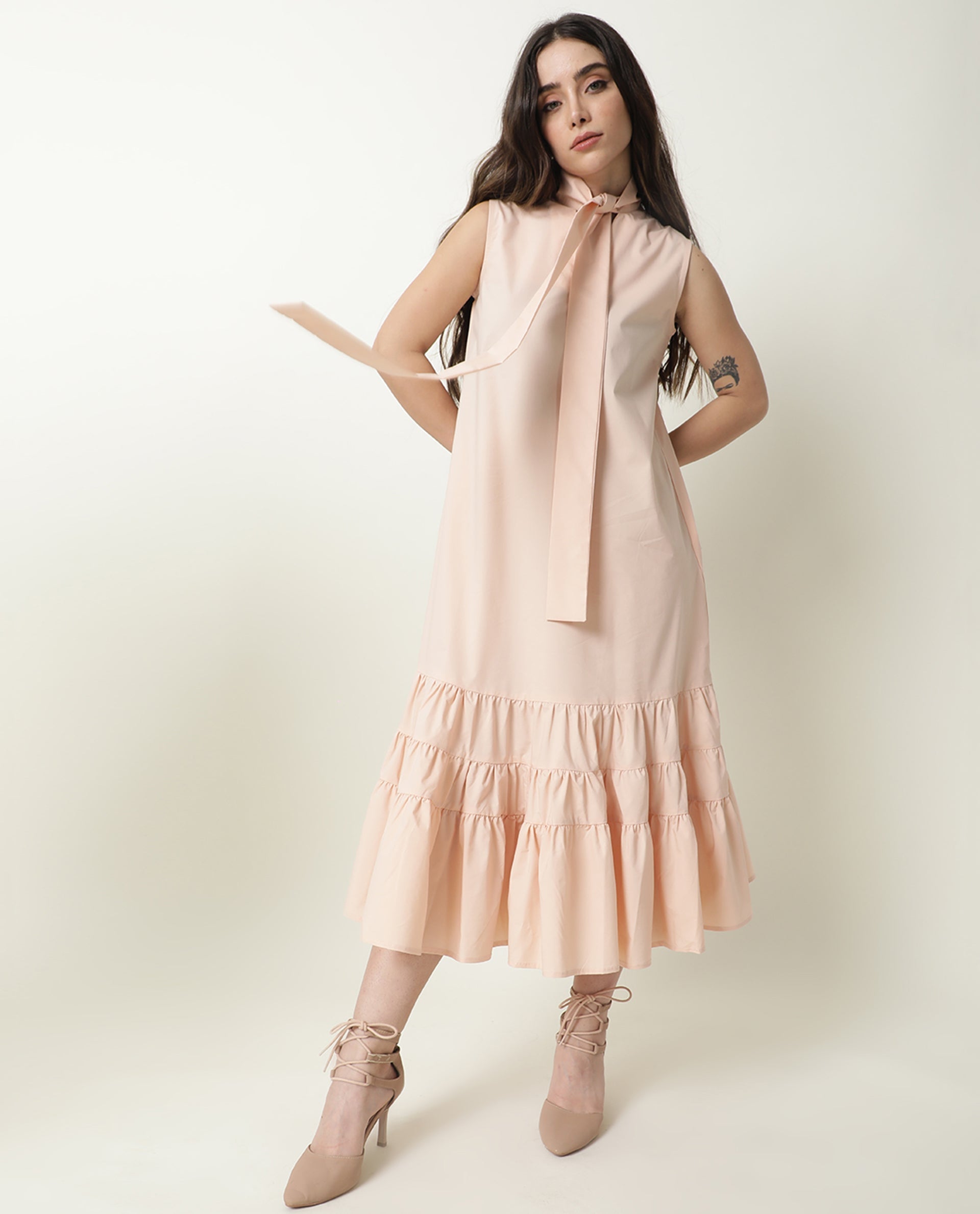 Rareism Women Gino Light Peach Tie Up Neck Sleeveless With Ruffled Hem And Pockets Maxi Dress