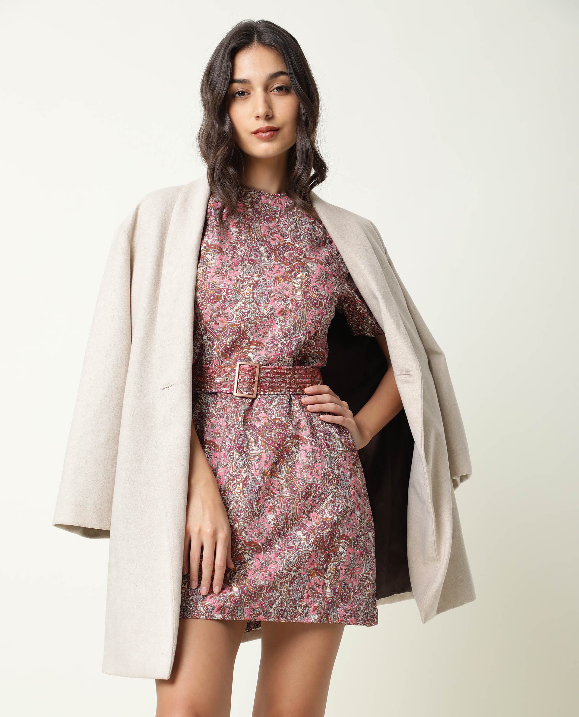 Rareism Women Palesa Pink Paisley Print Closed Round Neck Raglan Puff Sleeves Fabric Waist Belt Mini Dress