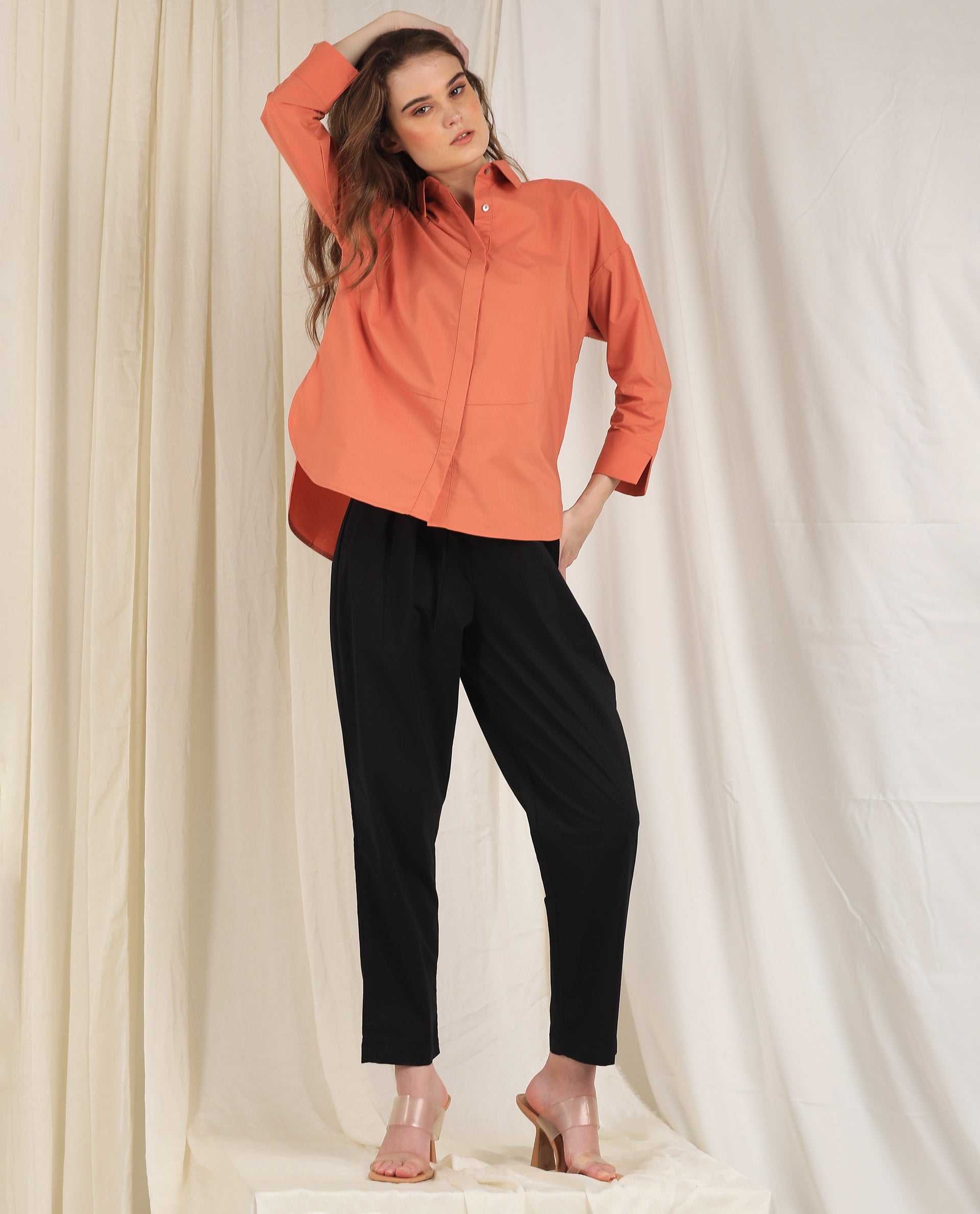 Rareism Womens Eleven Peach Top Polyester Fabric Regular Fit 3/4 Sleeve Collared Neck