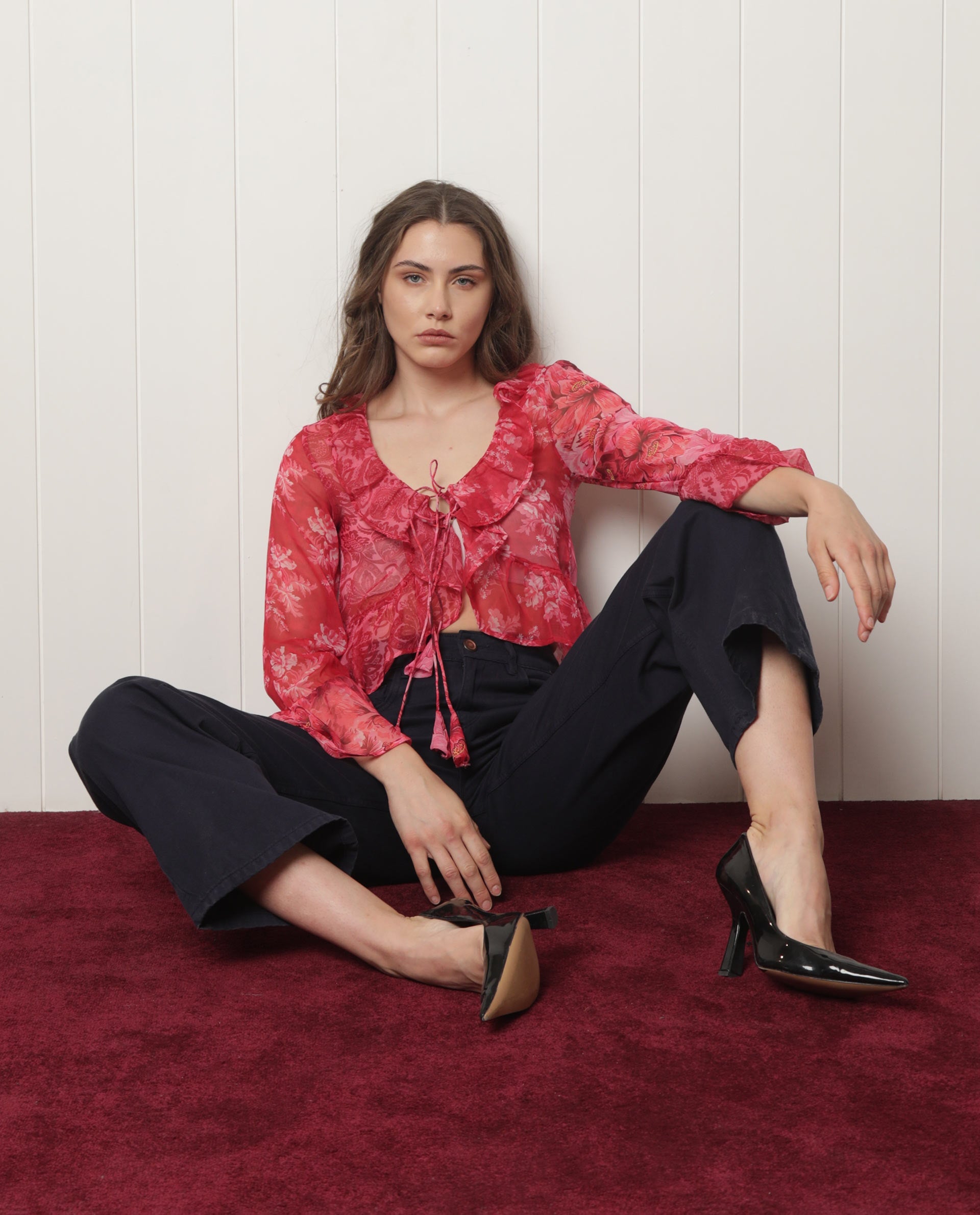 Rareism Women Myloh Maroon Polyester Fabric Full Sleeves Drawstring Closure V-Neck Bell Sleeve Regular Fit Floral Print Cropped Shrug