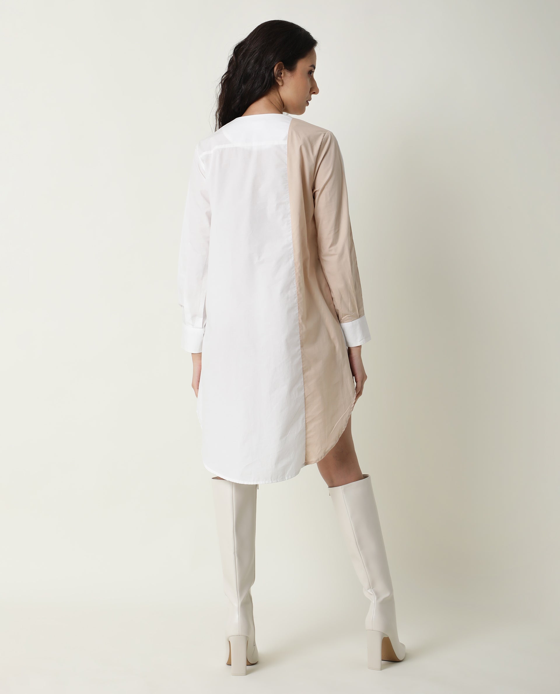 Rareism Women Tally White Cotton Fabric Full Sleeves Collared Neck Solid Short Dress