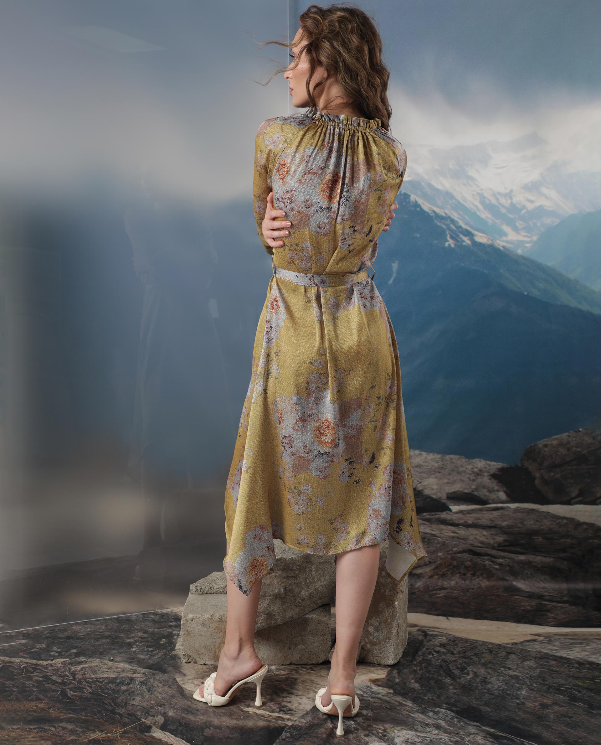 Rareism Women Journee Dark Yellow Polyester Fabric 3/4Th Sleeves Ruffled Neck Regular Fit Floral Print Midi Asymmetric Dress