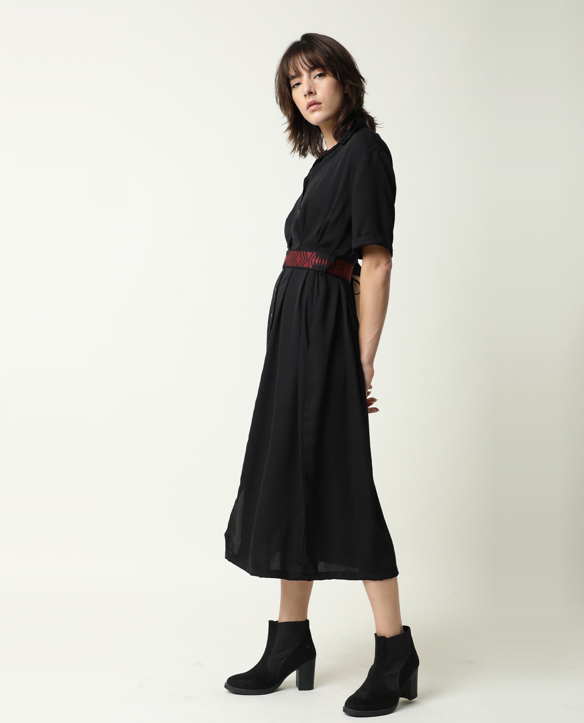 Rareism Women Shroff Black Shirt Collar Short Sleeves Front Full Button Placket With Pockets Midi Dress