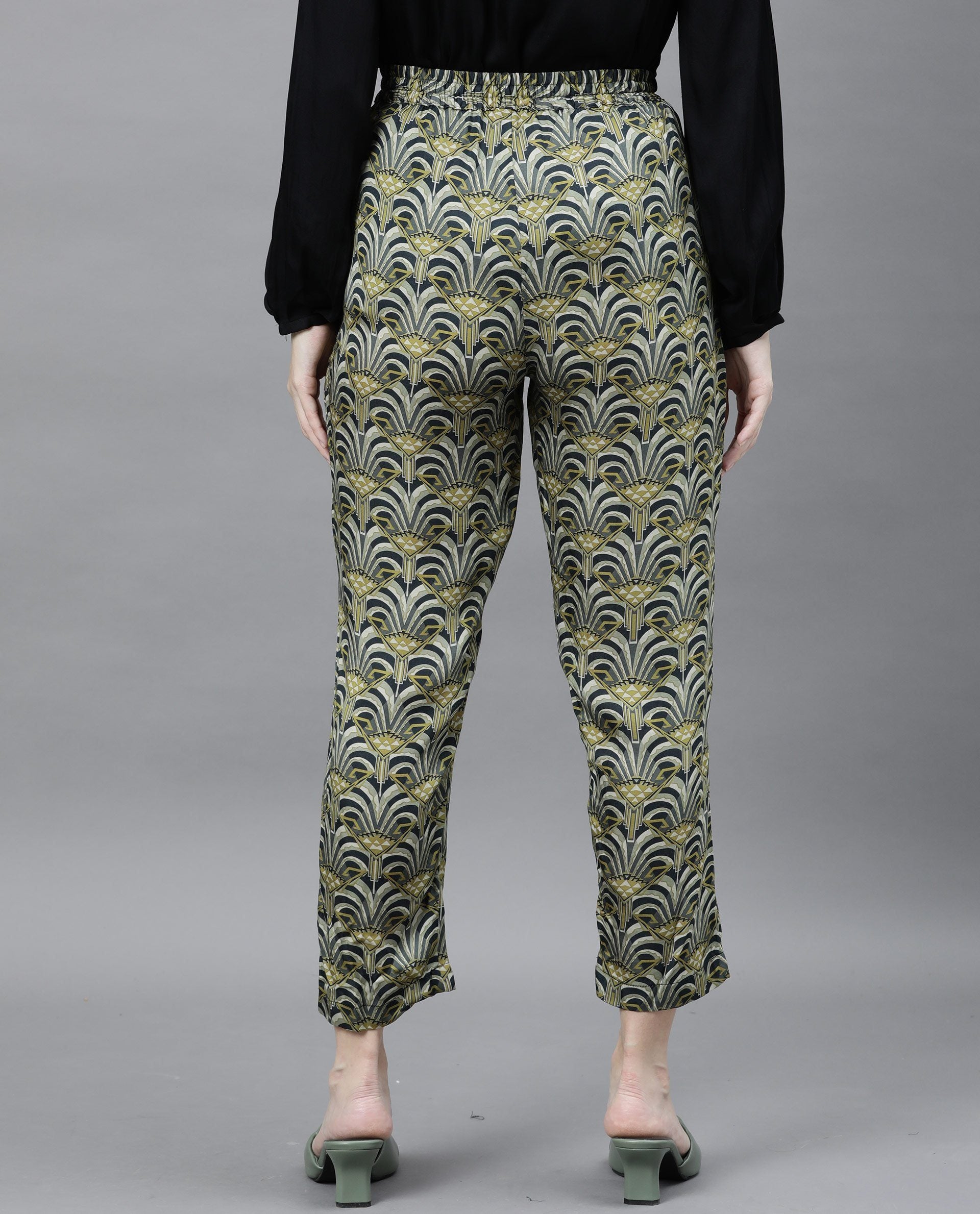 Rareism Women Globe Green Modal Fabric Regular Fit Mid Rise Abstract Print Ankle Length Trousers