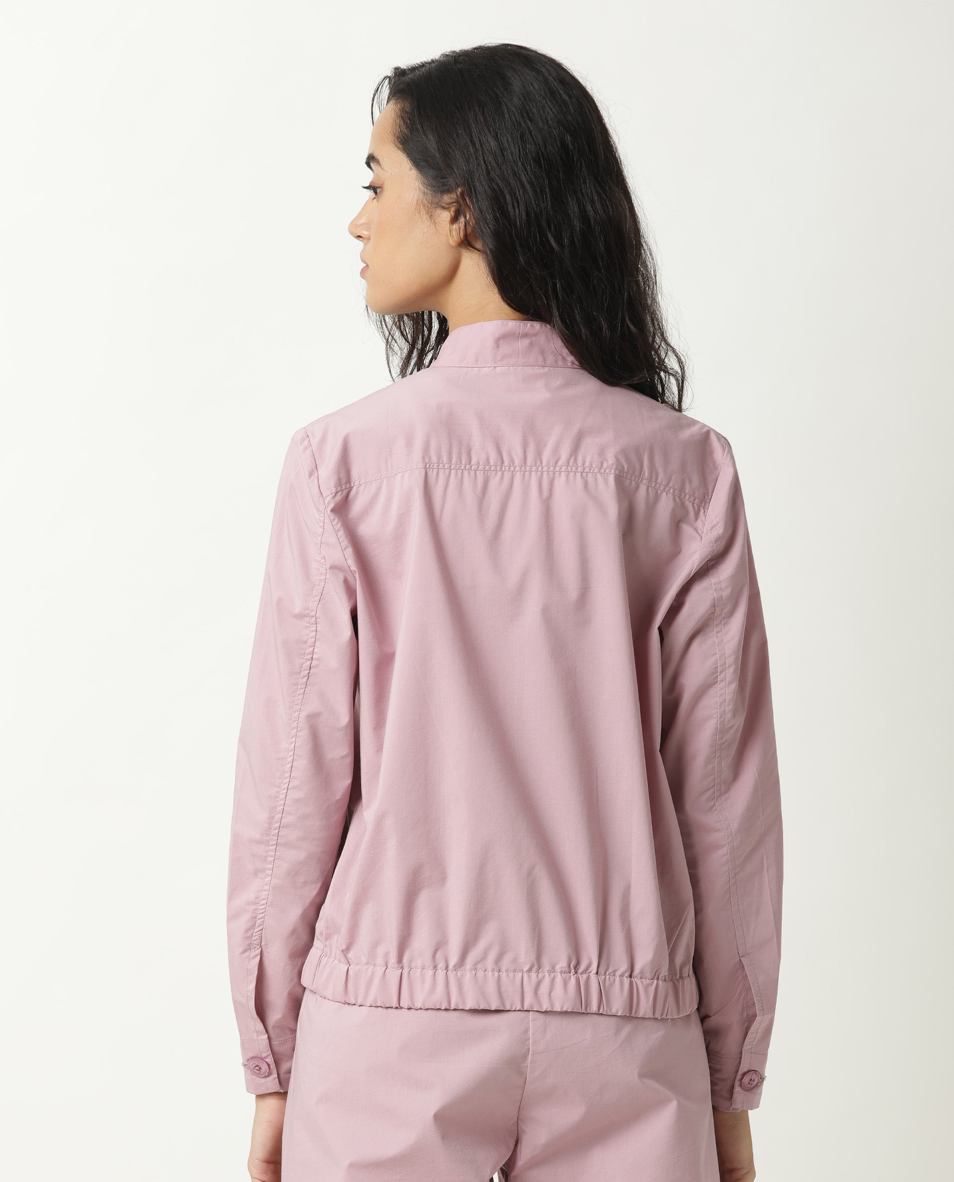 Rareism Women Aomori Pastel Purple Poly Lycra Fabric Full Sleeves Solid Mandarin Collar Jacket