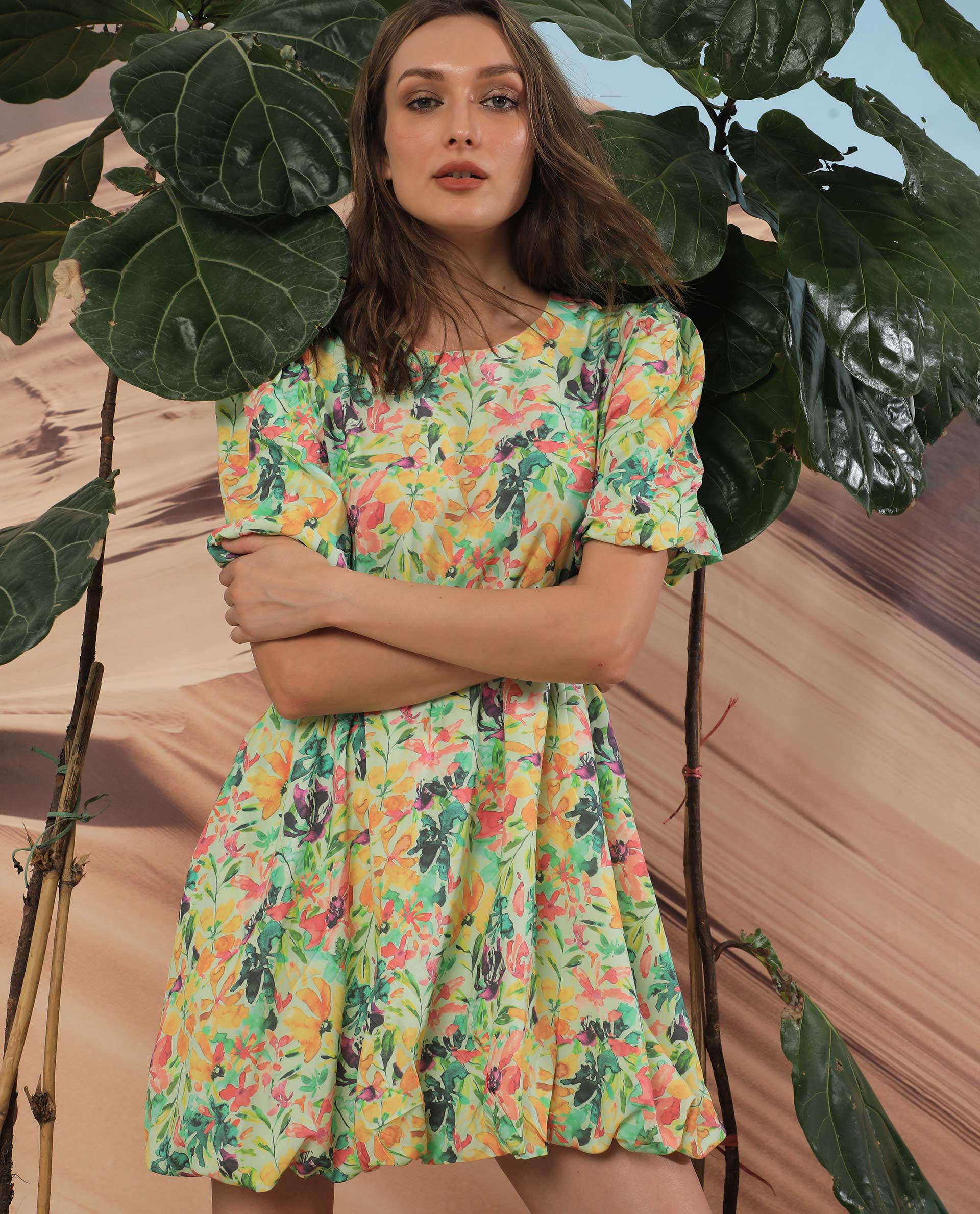 Rareism Women Erasea Multi Viscose Fabric Short Sleeves Round Neck Balloon Sleeve Relaxed Fit Floral Print Knee Length Dress