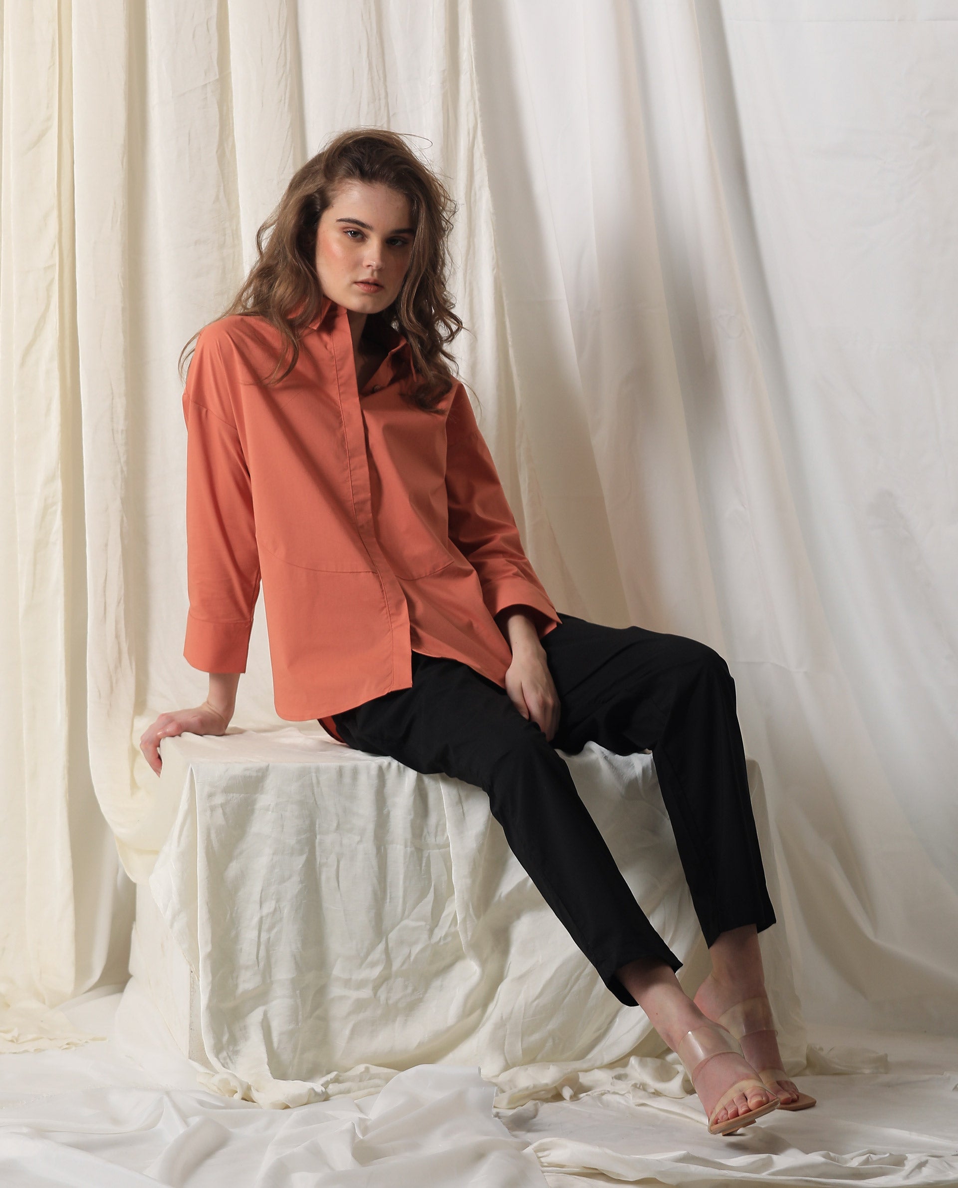 Rareism Womens Eleven Peach Top Polyester Fabric Regular Fit 3/4 Sleeve Collared Neck