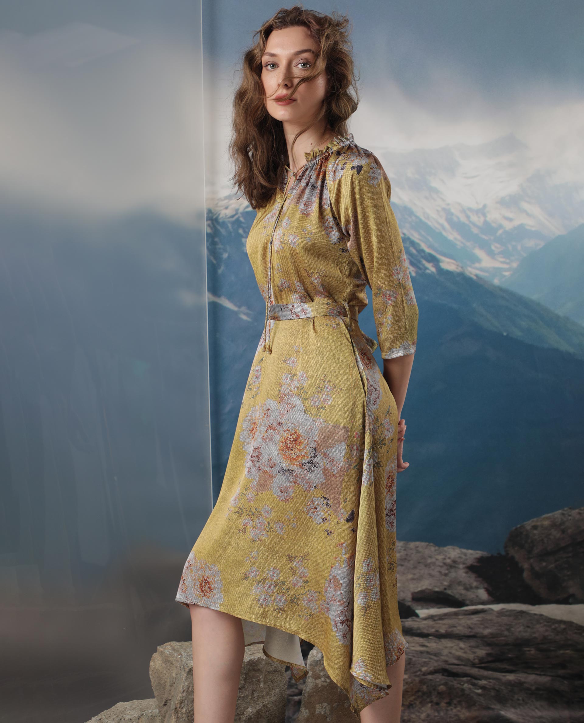 Rareism Women Journee Dark Yellow Polyester Fabric 3/4Th Sleeves Ruffled Neck Regular Fit Floral Print Midi Asymmetric Dress