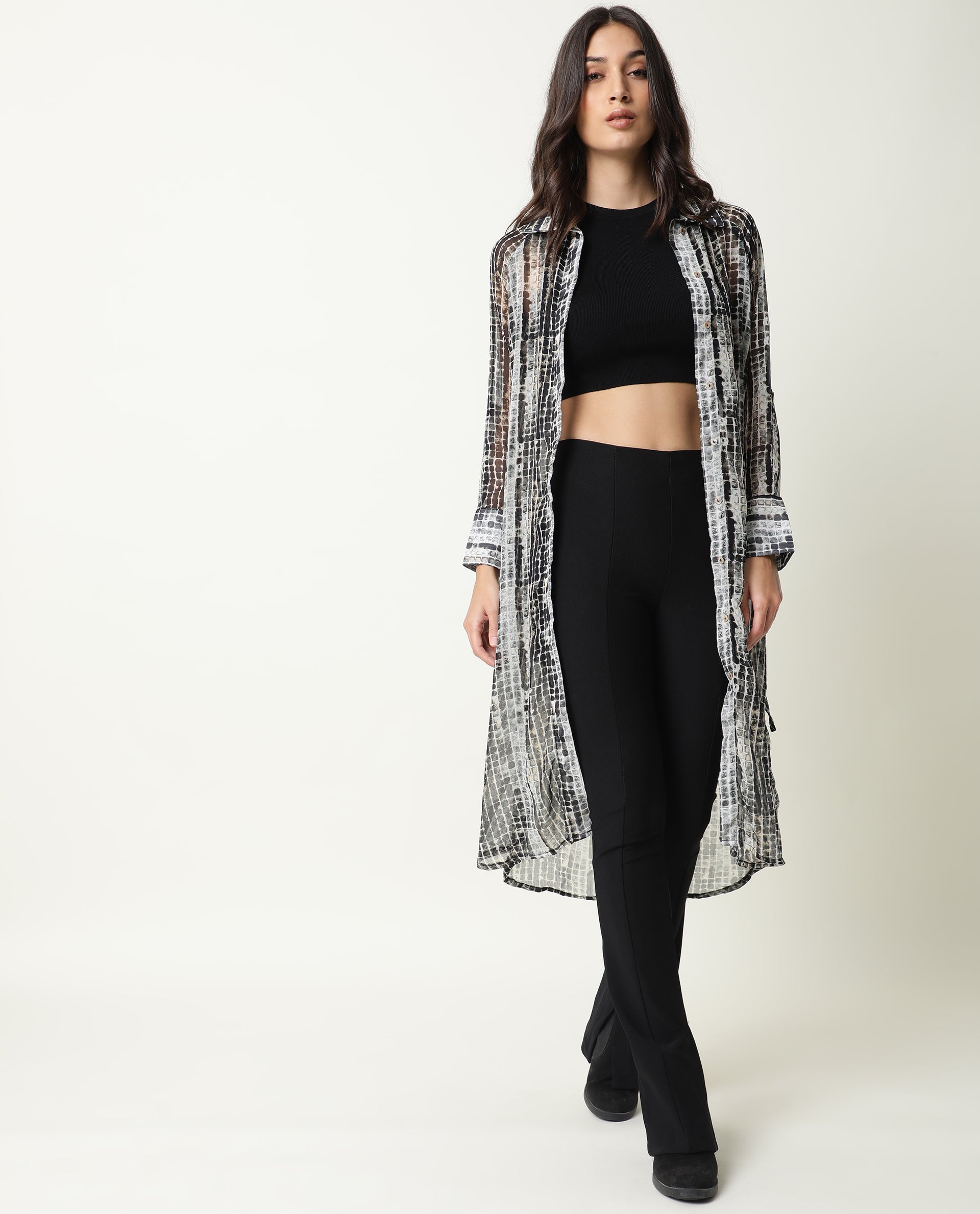 Rareism Women Ito Black Abstract Print Shirt Collar Full Sleeve Front Button Closure Placket Waist Tie Up Pocket Midi Dress