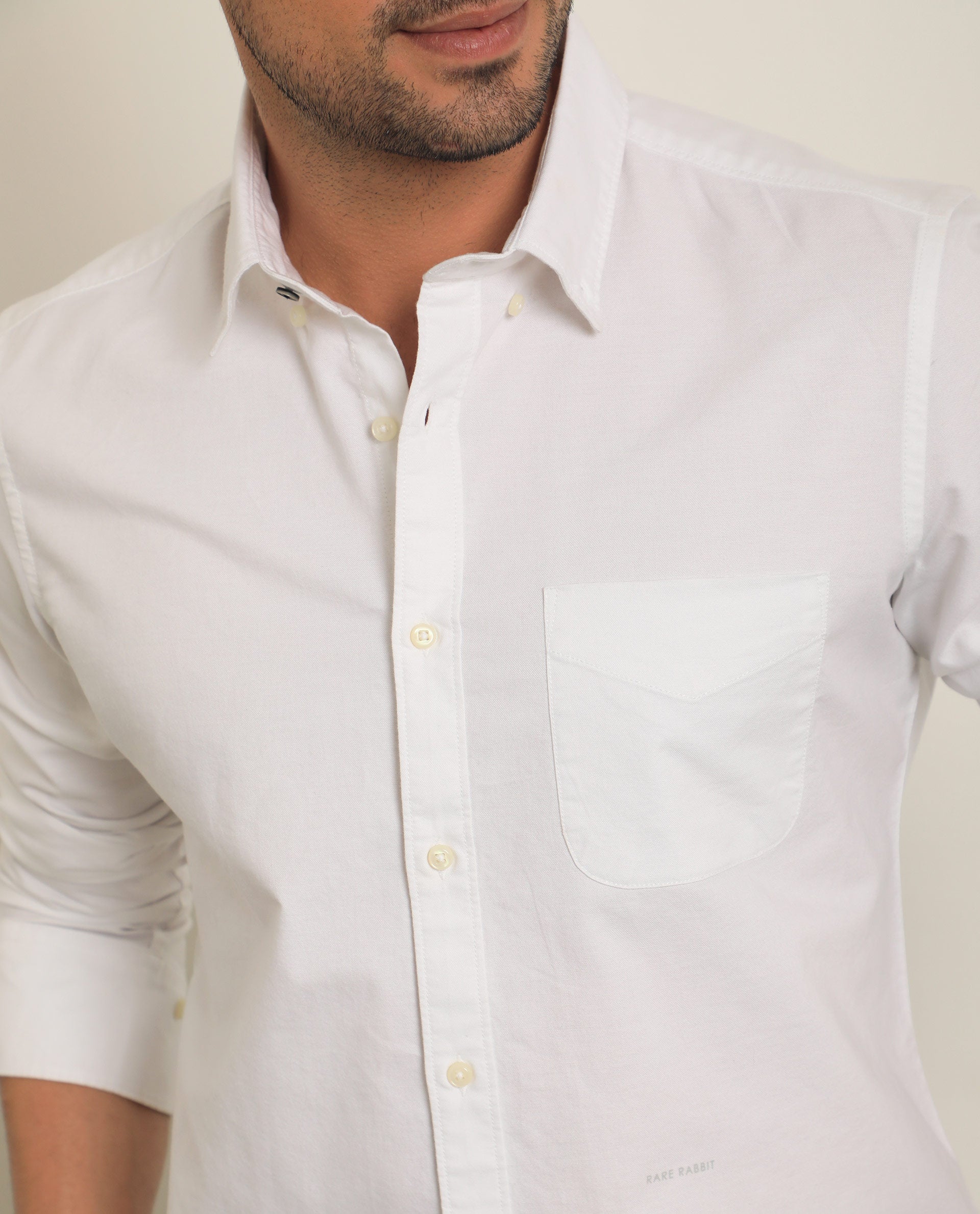 Rare Rabbit Men's Auxfo White Cotton Fabric Full Sleeves Solid Shirt