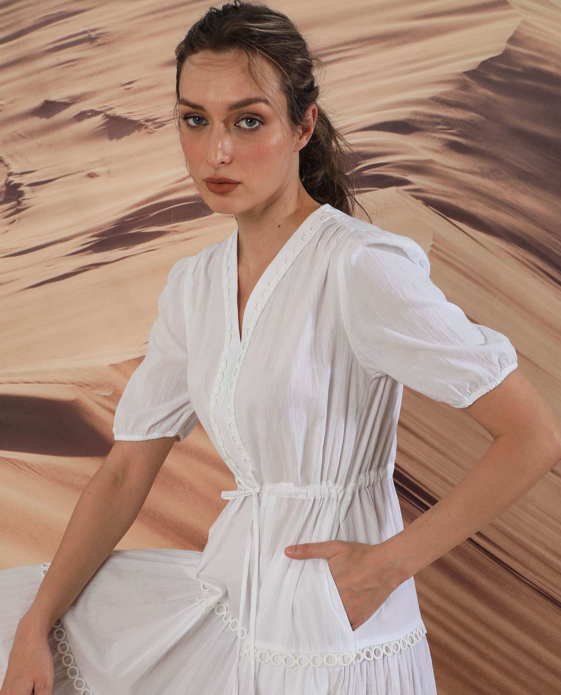 Rareism Women Rivoli White V Neck Balloon Sleeves With Elastic Waist And Pockets Tiered Maxi Dress