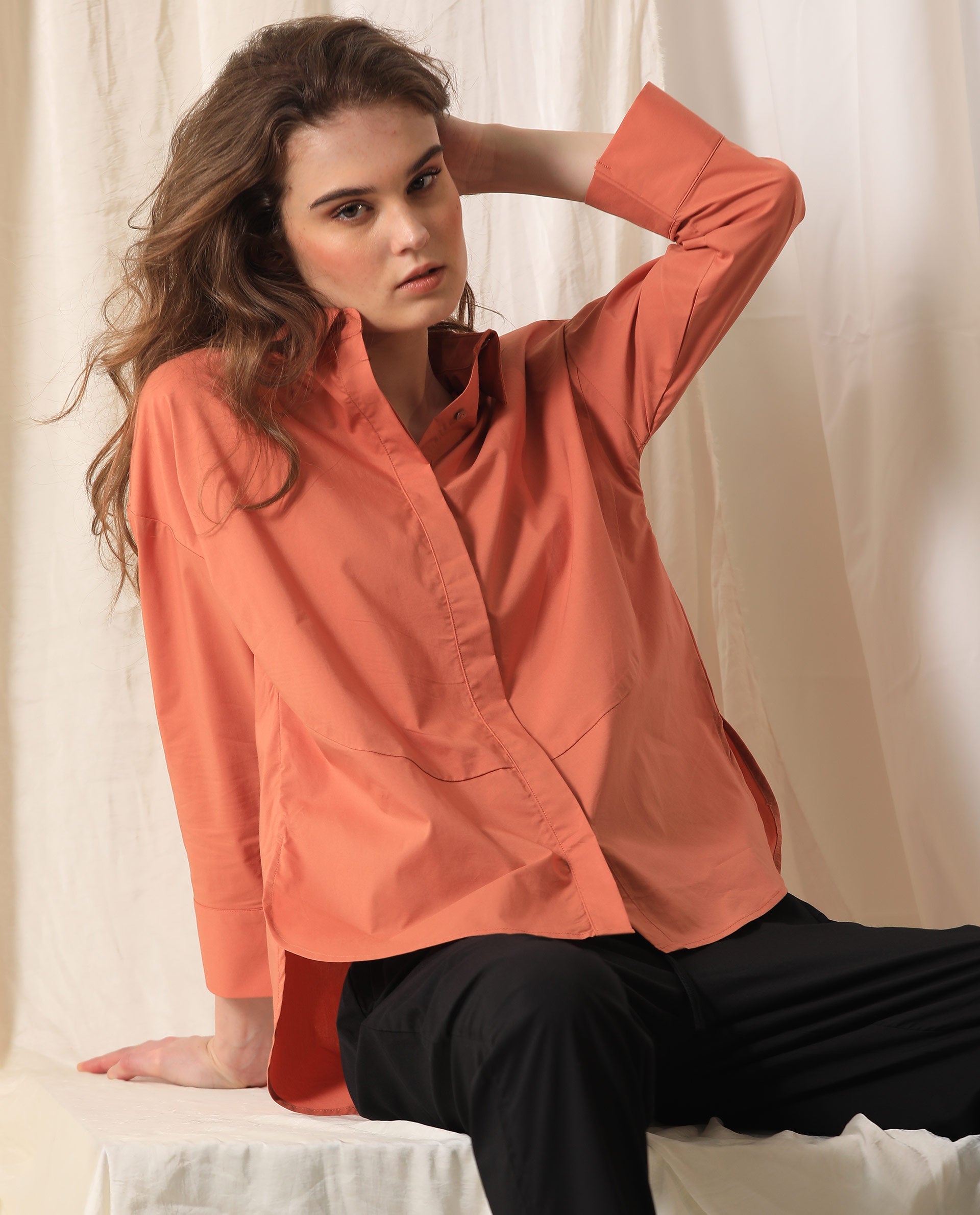 Rareism Womens Eleven Peach Top Polyester Fabric Regular Fit 3/4 Sleeve Collared Neck
